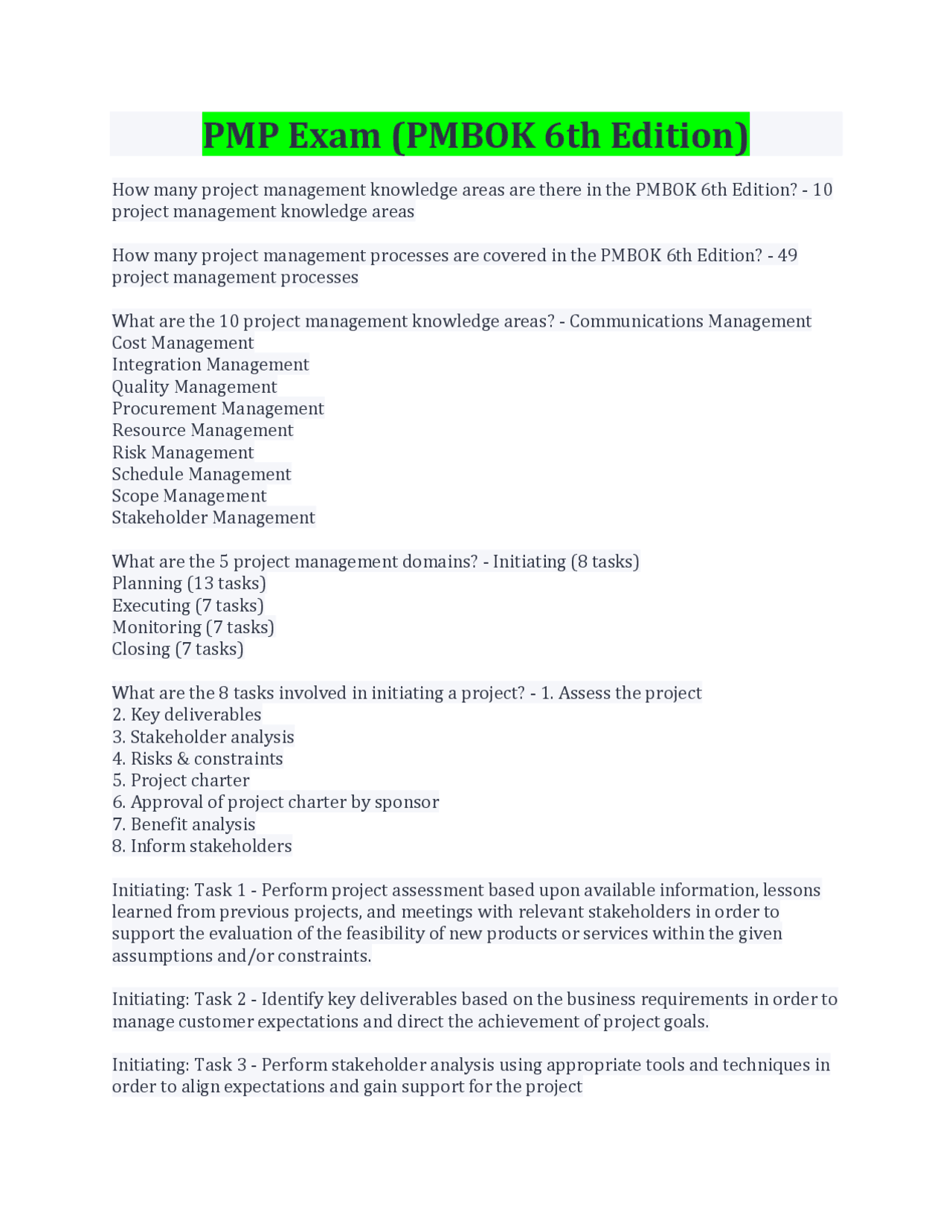 PMP Exam Preparation: Project Management Knowledge Areas and Processes ...