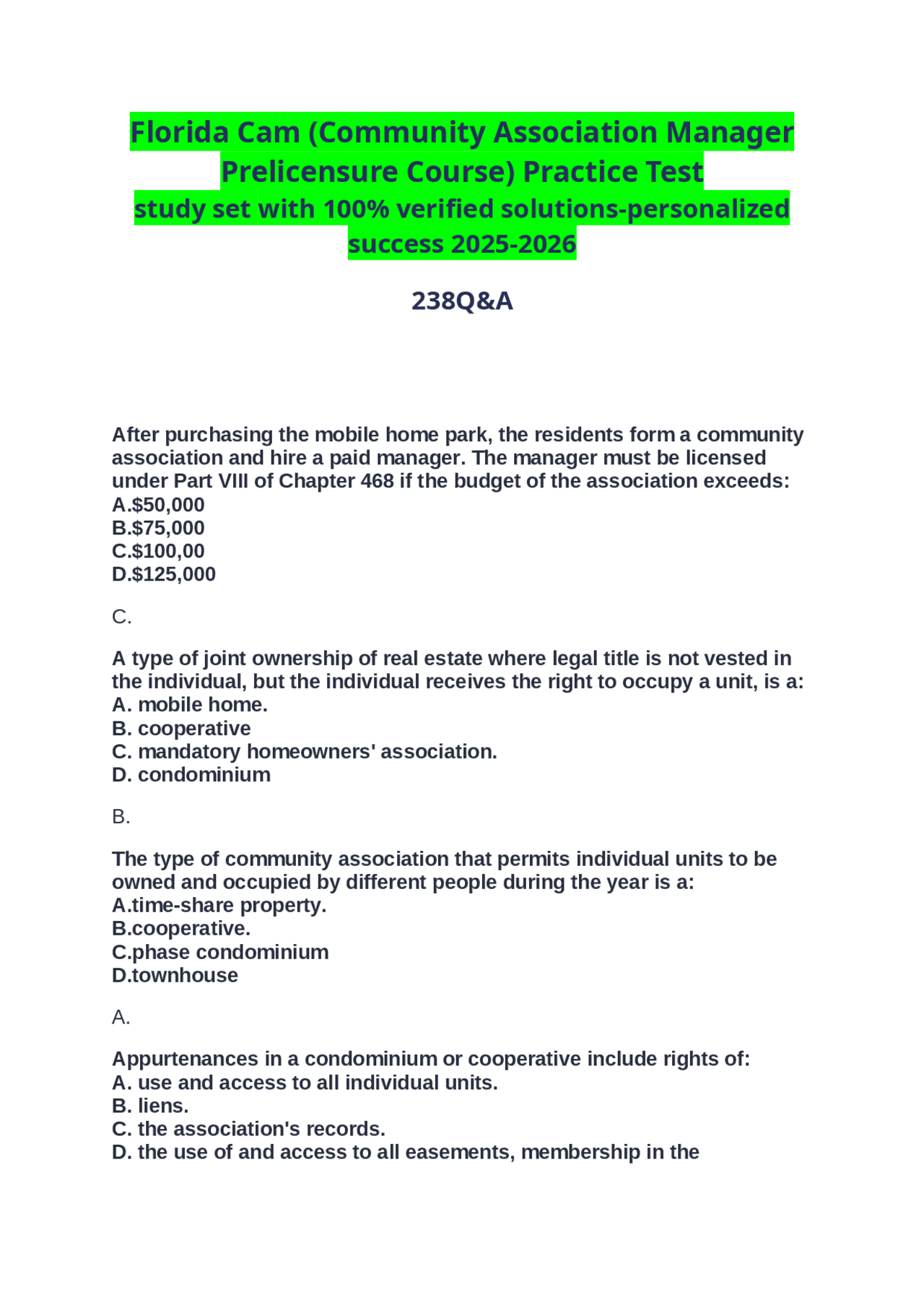 Florida Cam (Community Association Manager Prelicensure Course ...