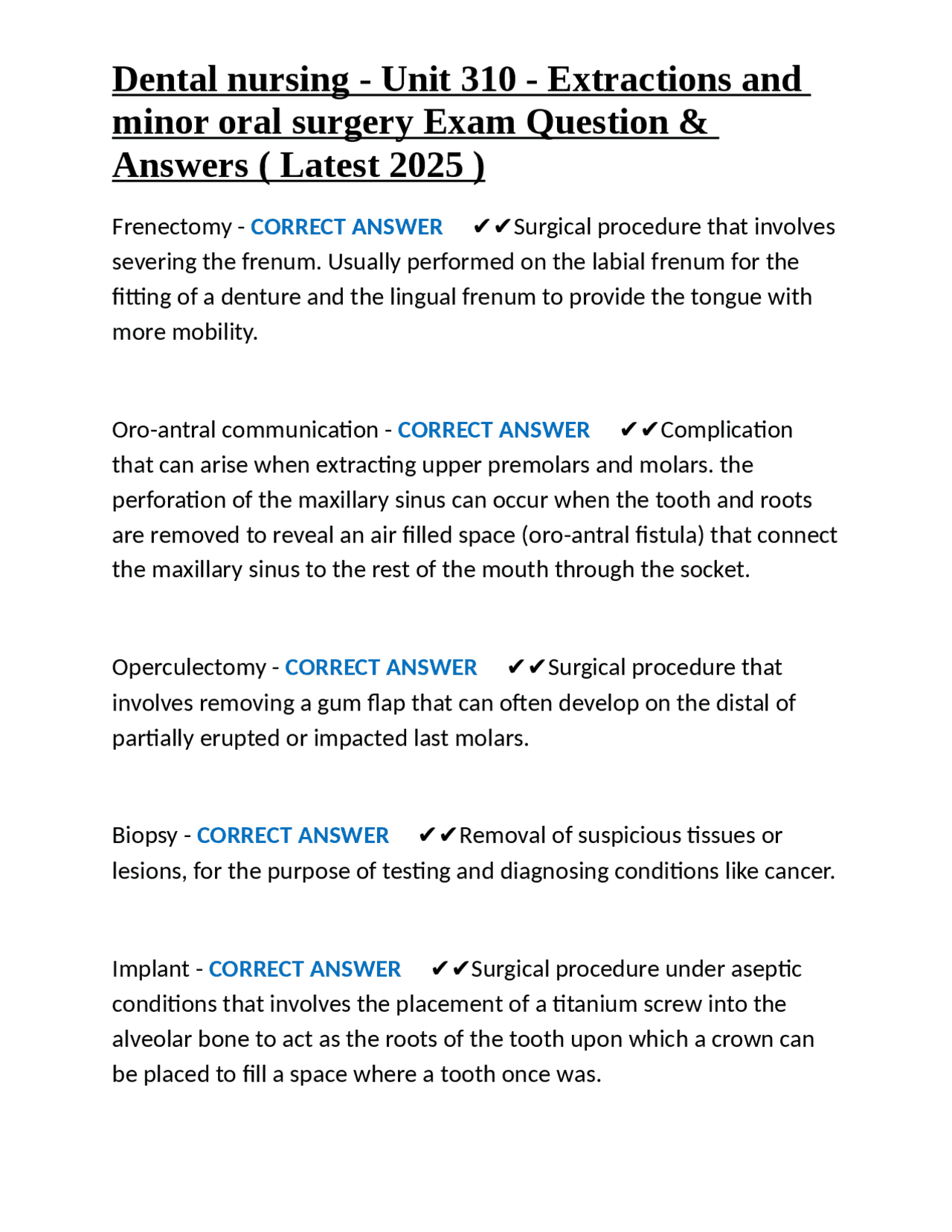 Dental nursing - Unit 310 - Extractions and minor oral surgery Exam ...