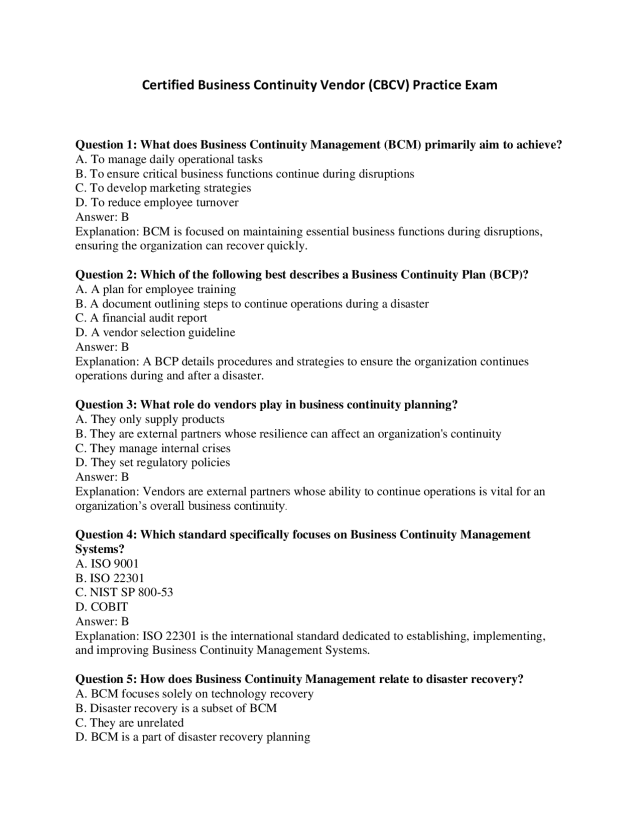 Certified Business Continuity Vendor (CBCV) Exam | Exams Technology ...