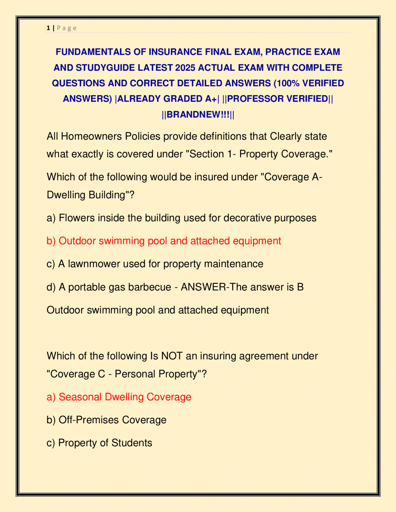 FUNDAMENTALS OF INSURANCE FINAL EXAM, PRACTICE EXAM AND STUDYGUIDE ...