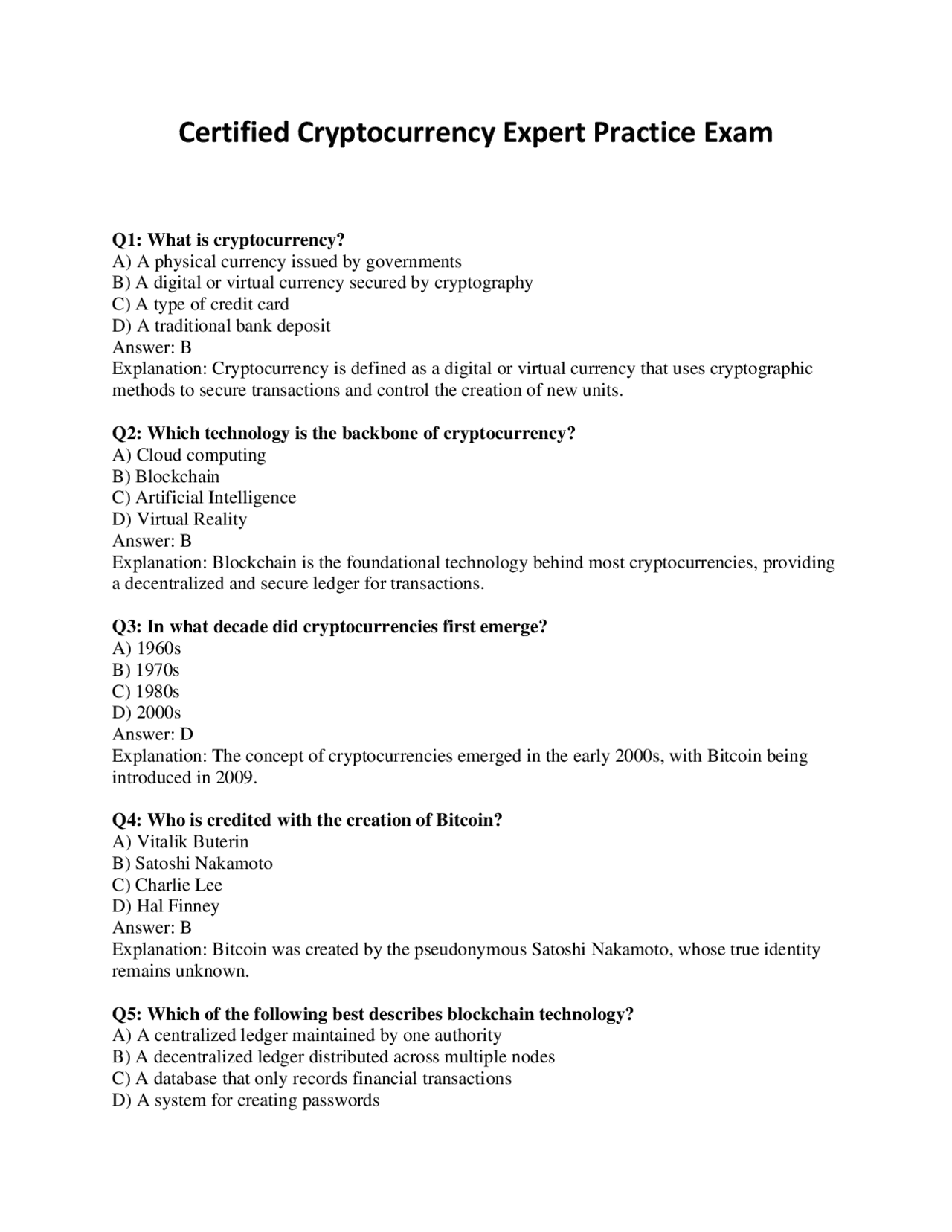 Certified Cryptocurrency Expert Exam | Exams Technology | Docsity