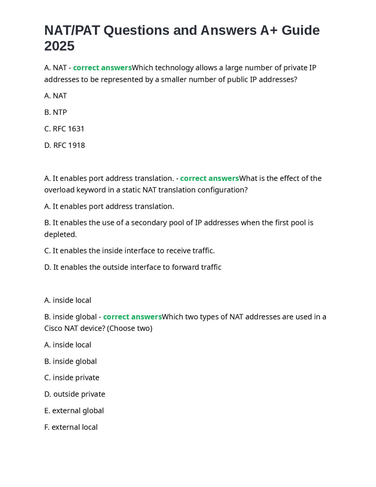 Nat Questions NAT/PAT Questions and Answers A+ Guide 2025 | Exams Nursing | Docsity