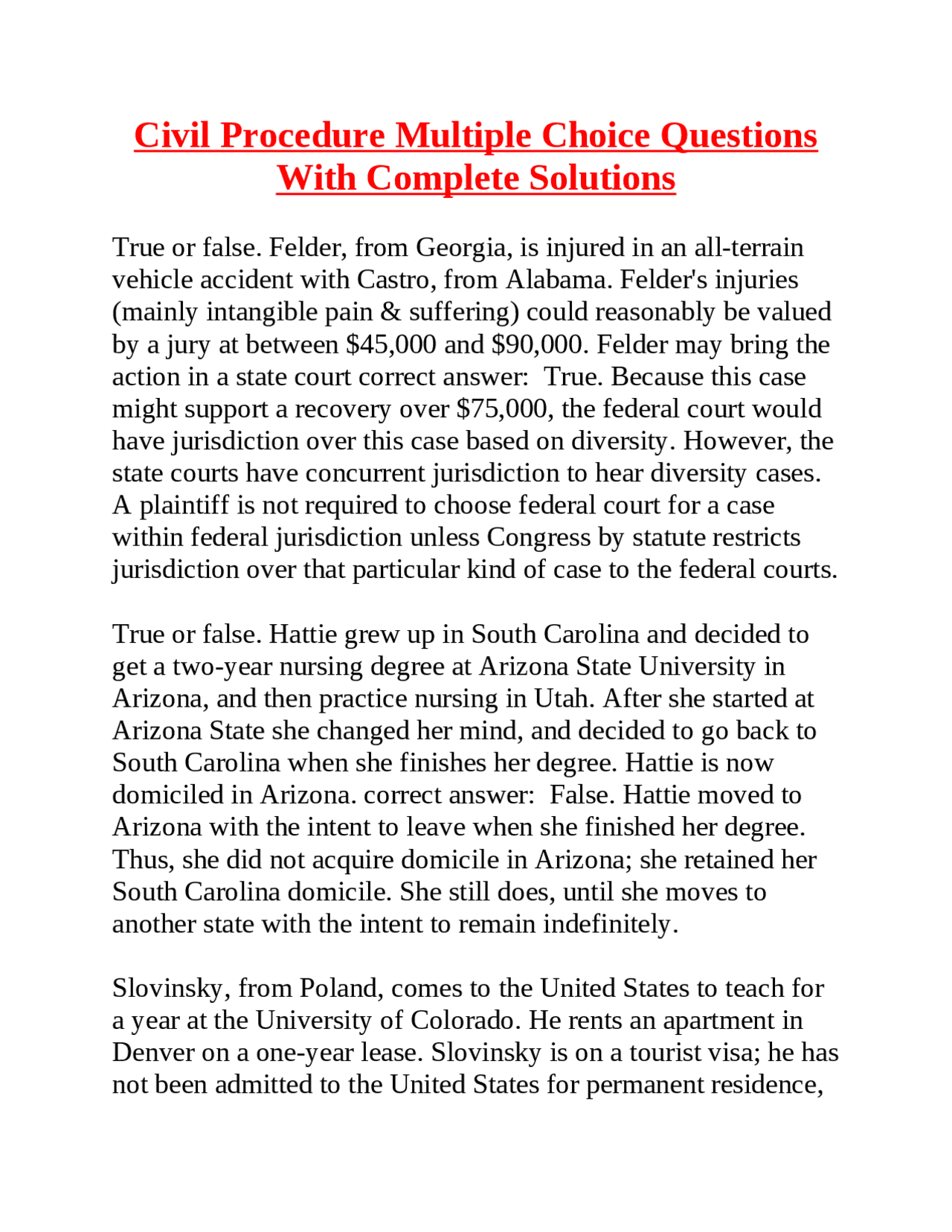 Civil Procedure Multiple Choice Questions With Complete Solutions ...