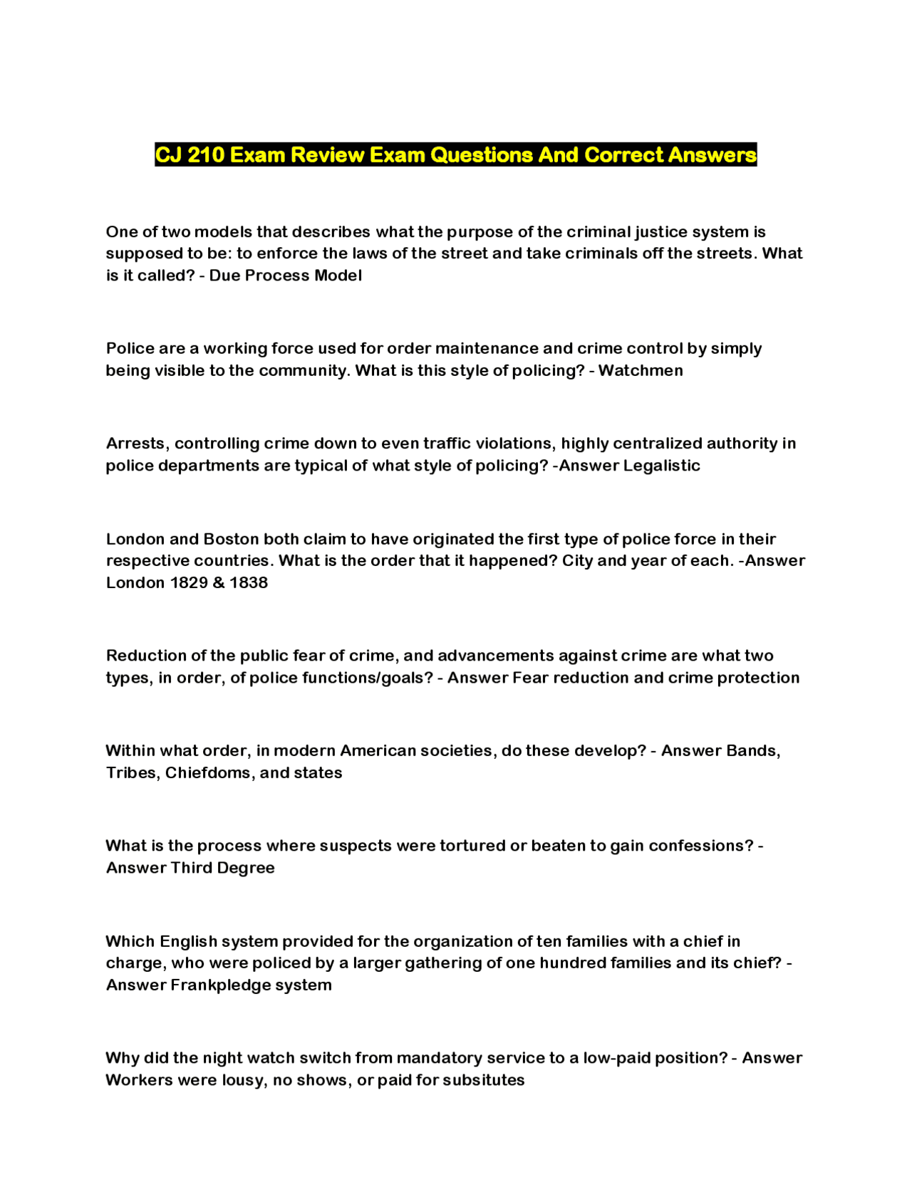CJ 210 Exam Review: Questions and Answers on Criminal Justice Systems ...
