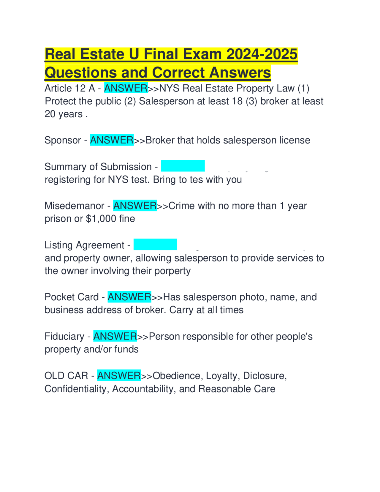 Real Estate U Final Exam 2024-2025 Questions and Correct Answers | Exams Nursing | Docsity