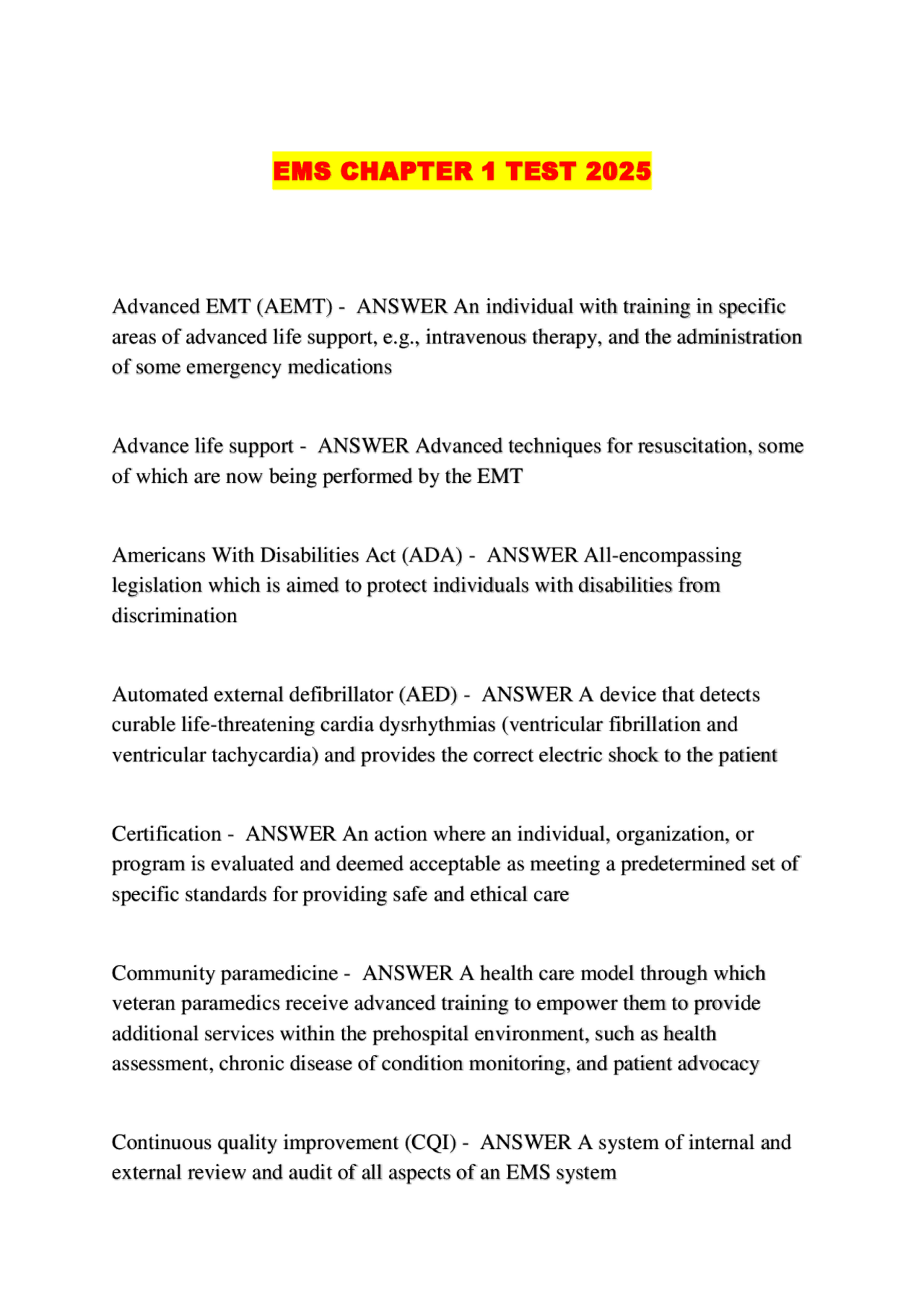 EMS CHAPTER 1 TEST 2025..... | Exams Advanced Education | Docsity