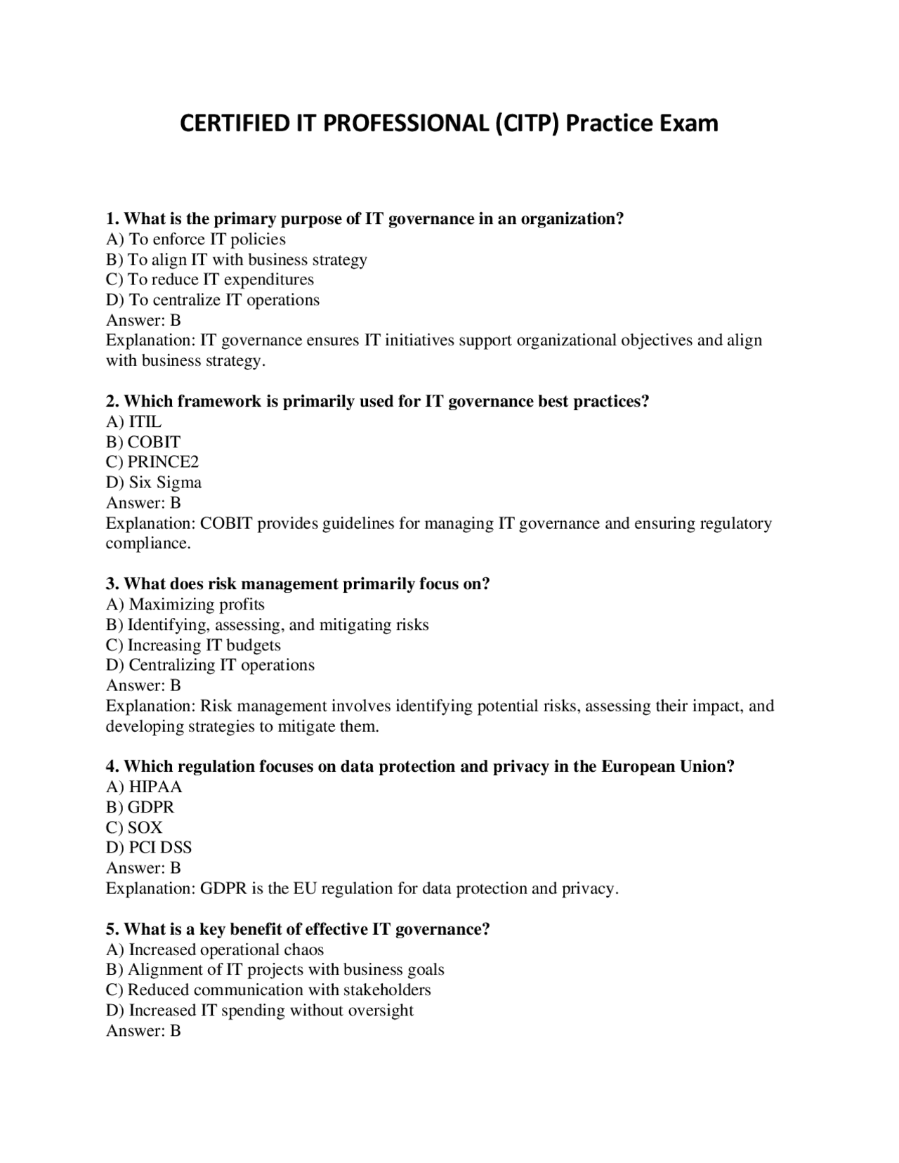 CERTIFIED IT PROFESSIONAL (CITP) Exam | Exams Technology | Docsity