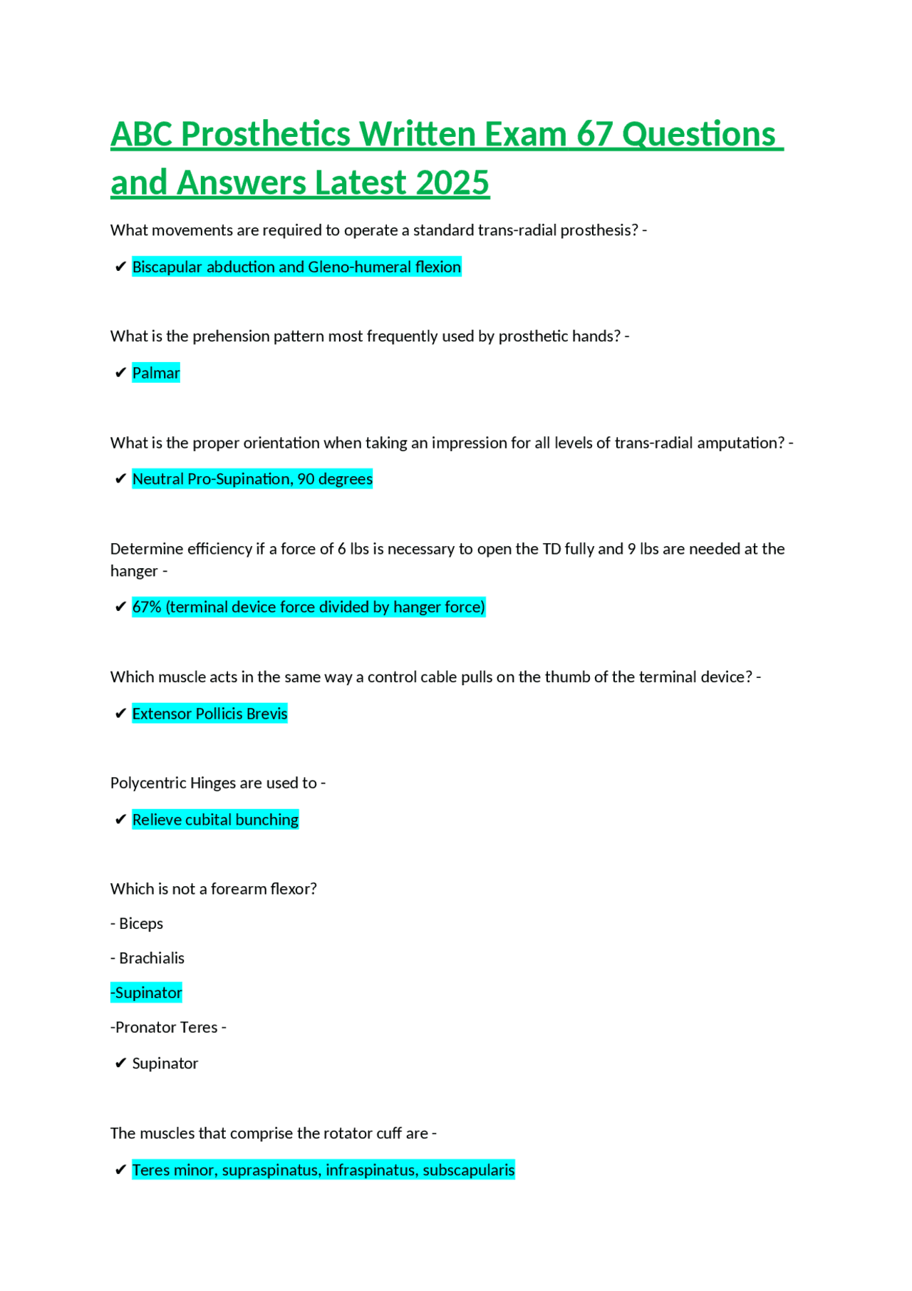 ABC Prosthetics Written Exam 67 Questions and Answers Latest 2025 ...