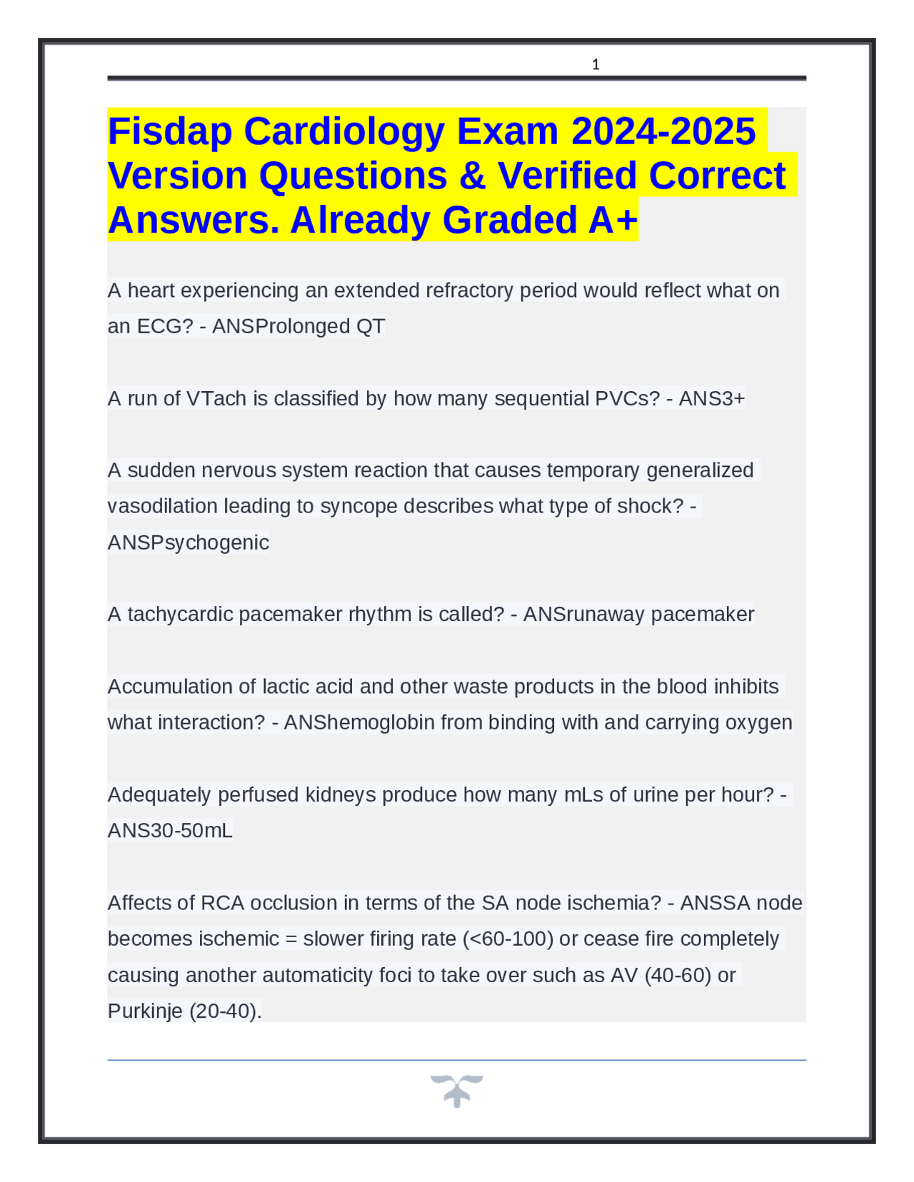 Fisdap Cardiology Exam 2024-2025 Version Questions & Verified Correct ...
