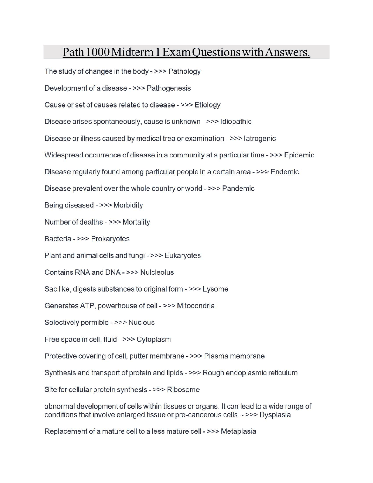 Path 1000 Midterm 1 Exam Questions with Answers. | Exams Pathology ...