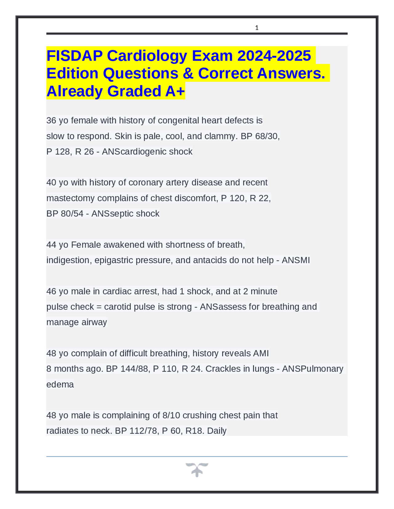 FISDAP Cardiology Exam 2024-2025 Edition Questions & Correct Answers ...