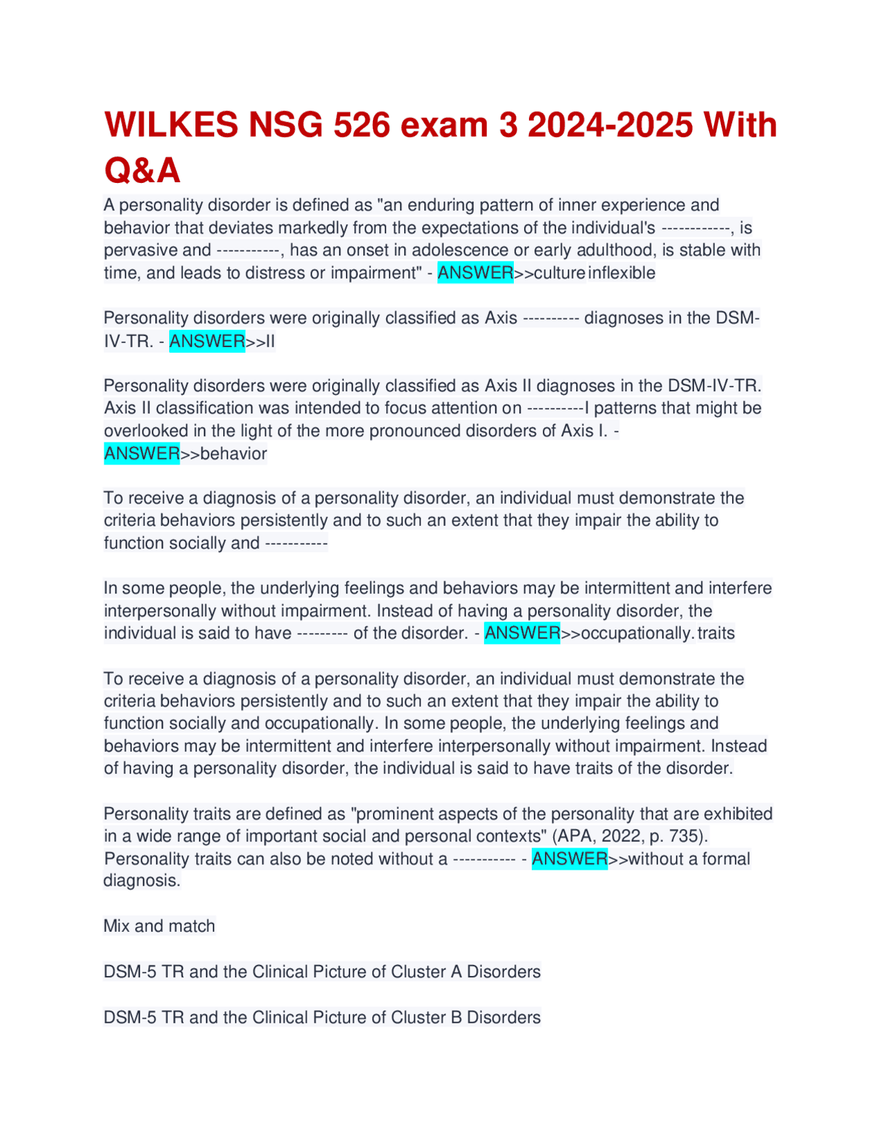 WILKES NSG 526 exam 3 2024-2025 With Q&A | Exams Nursing | Docsity