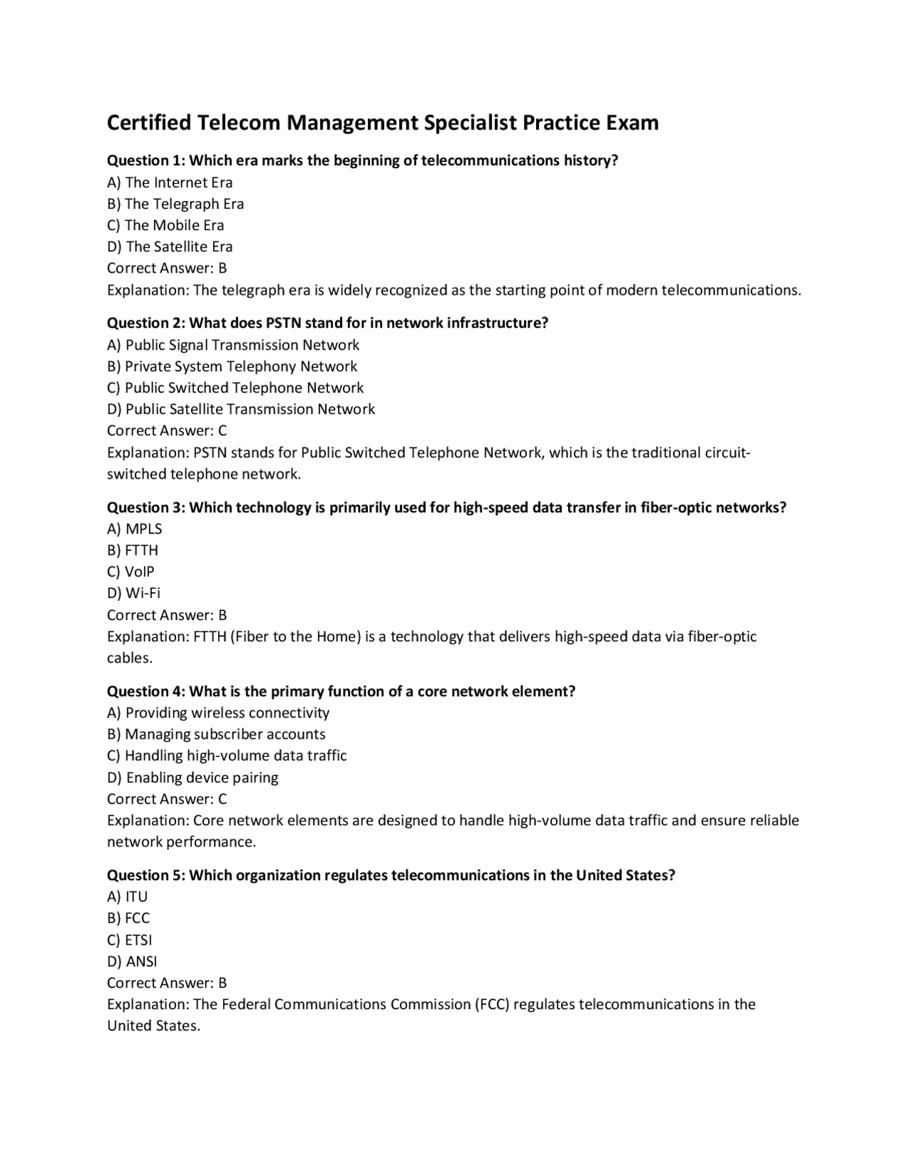 Telecoms Opm Test Examples Certified Telecom Management Specialist Exam | Exams Technology | Docsity