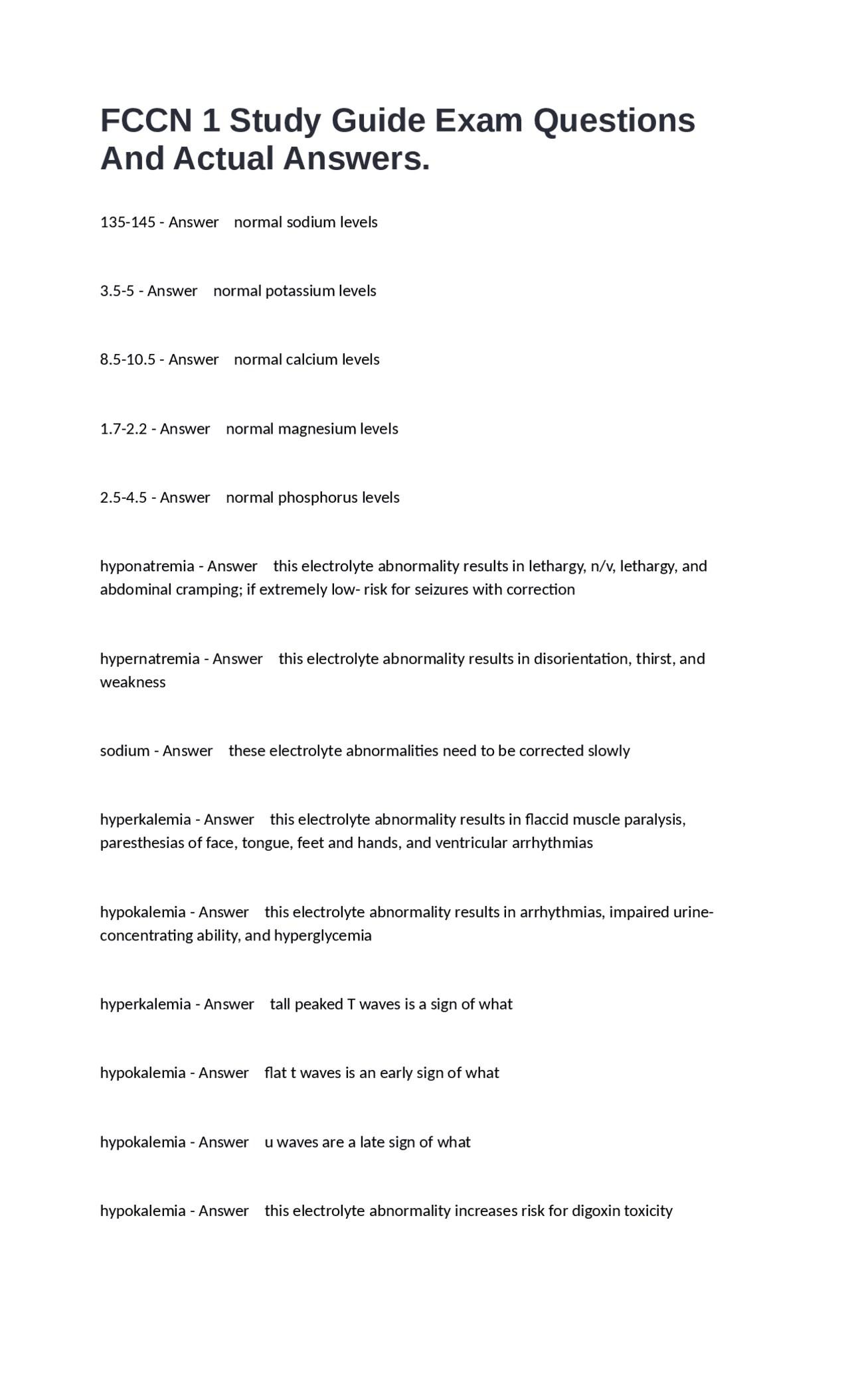 FCCN 1 Study Guide Exam Questions And Actual Answers. | Exams Nursing ...