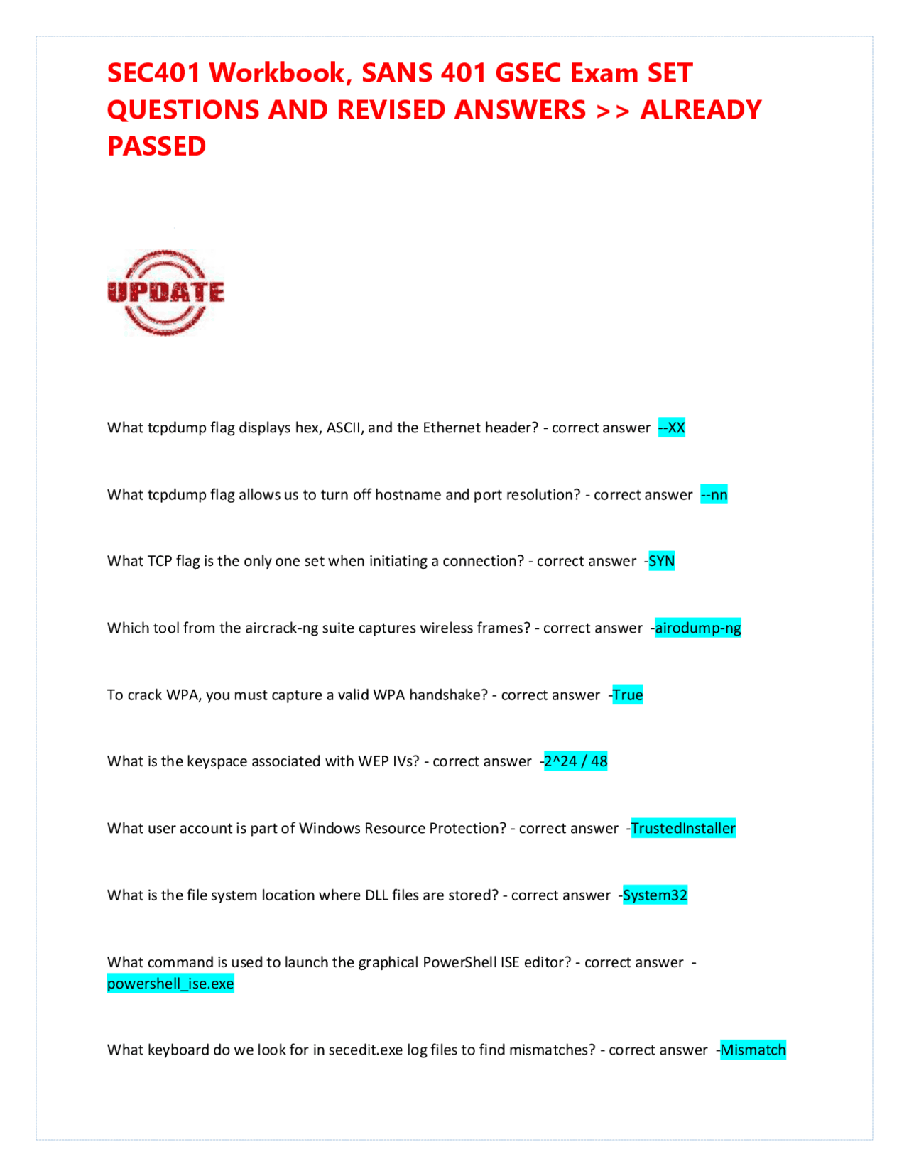 SANS 401 テキスト SEC401 Workbook, SANS 401 GSEC Exam SET QUESTIONS AND REVISED