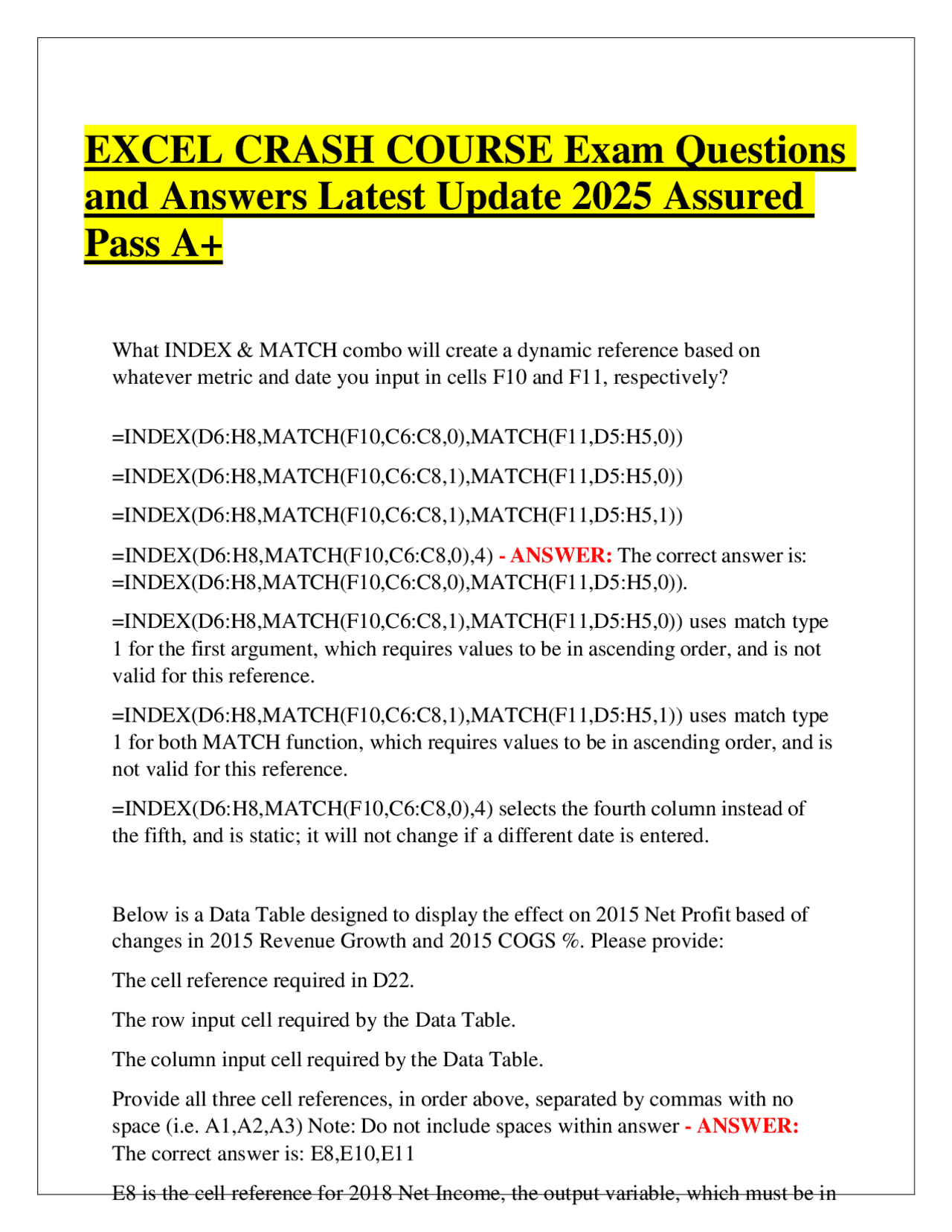 EXCEL CRASH COURSE Exam Questions and Answers Latest Update 2025 ...