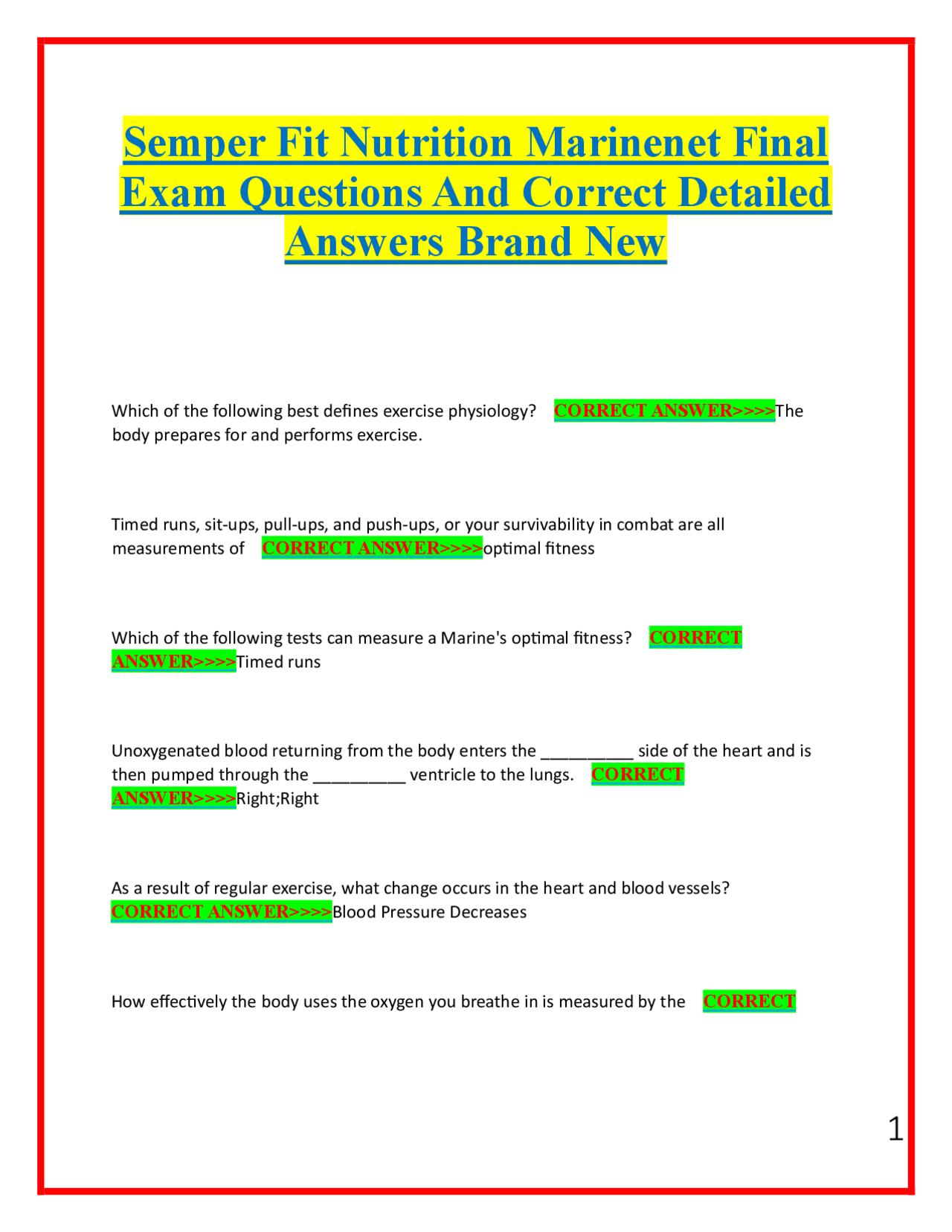 Semper Fit Nutrition Final Exam Questions And Correct