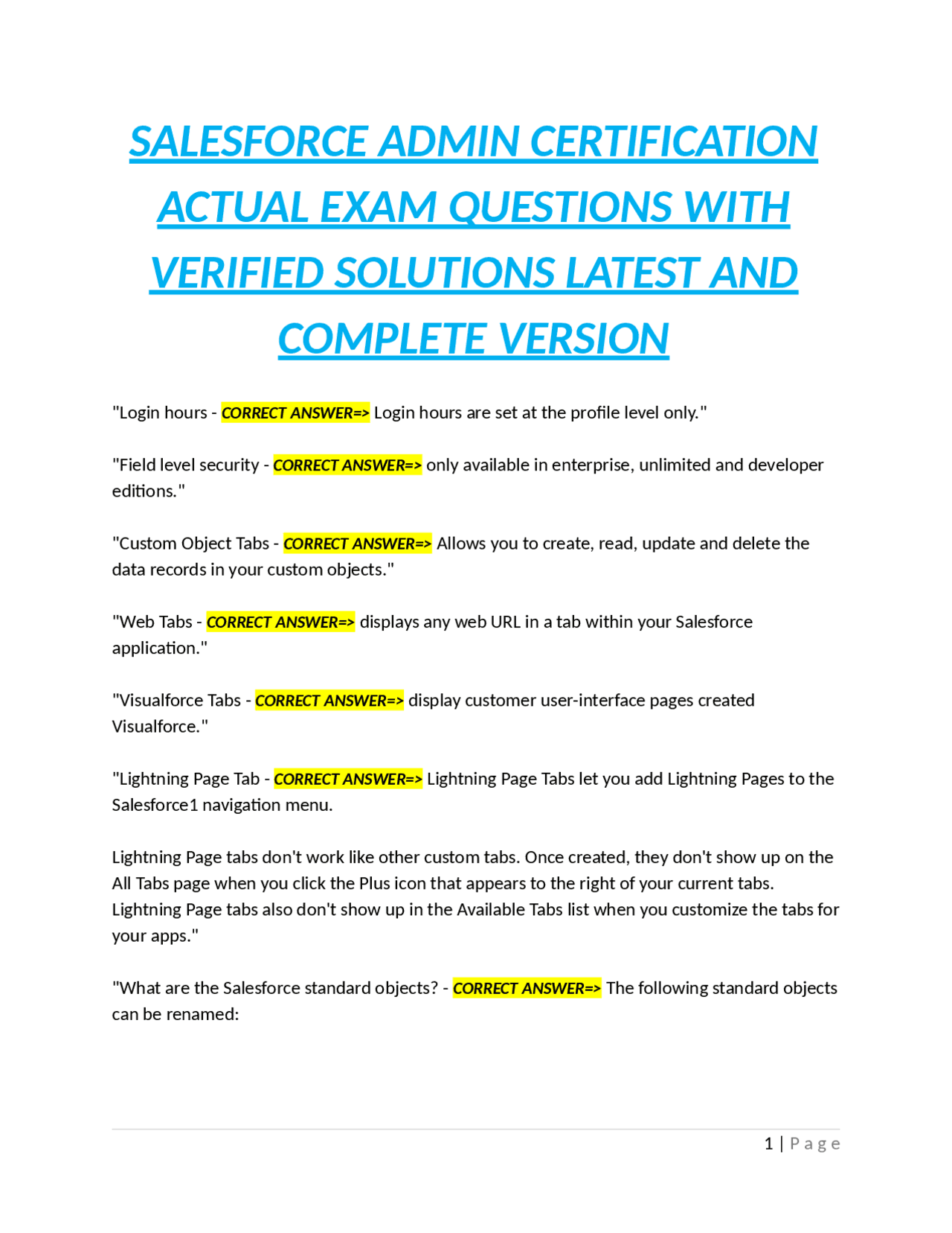 SALESFORCE ADMIN CERTIFICATION ACTUAL EXAM QUESTIONS WITH VERIFIED ...