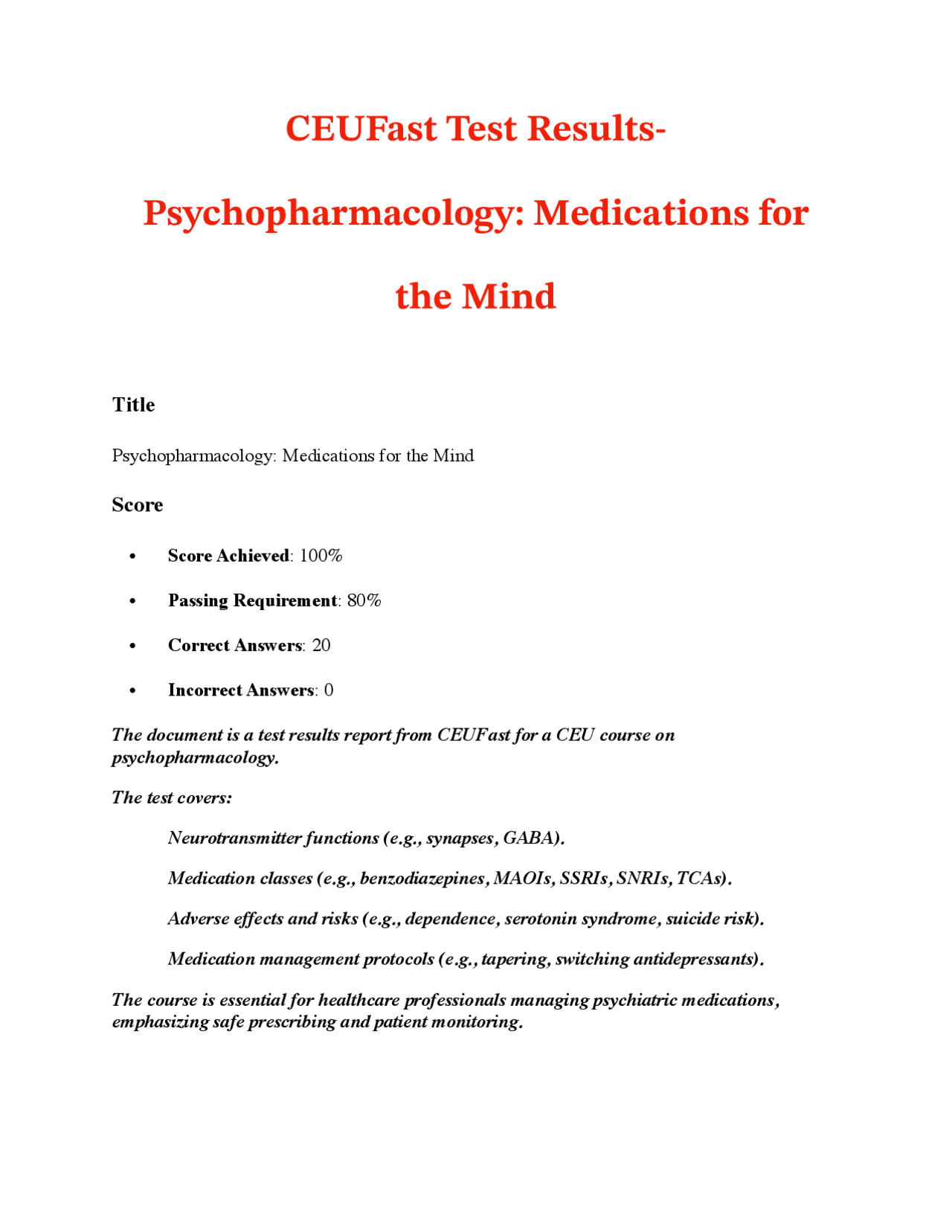 CEUFast Test Results- Psychopharmacology: Medications for the Mind ...