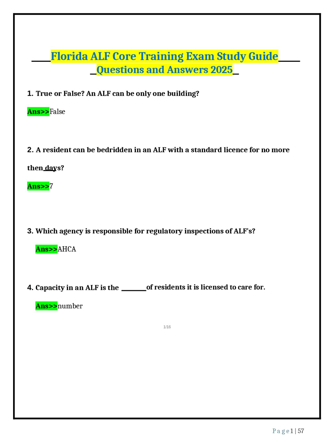 Florida ALF Core Training Exam Study Guide Questions and Answers 2025 ...