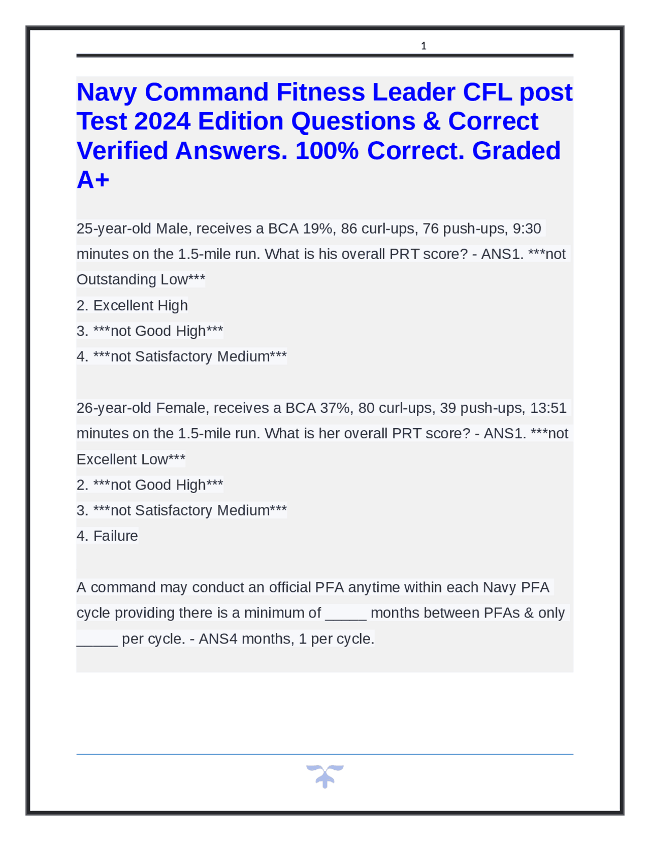 Navy Command Fitness Leader CFL post Test 2024 Edition Questions ...