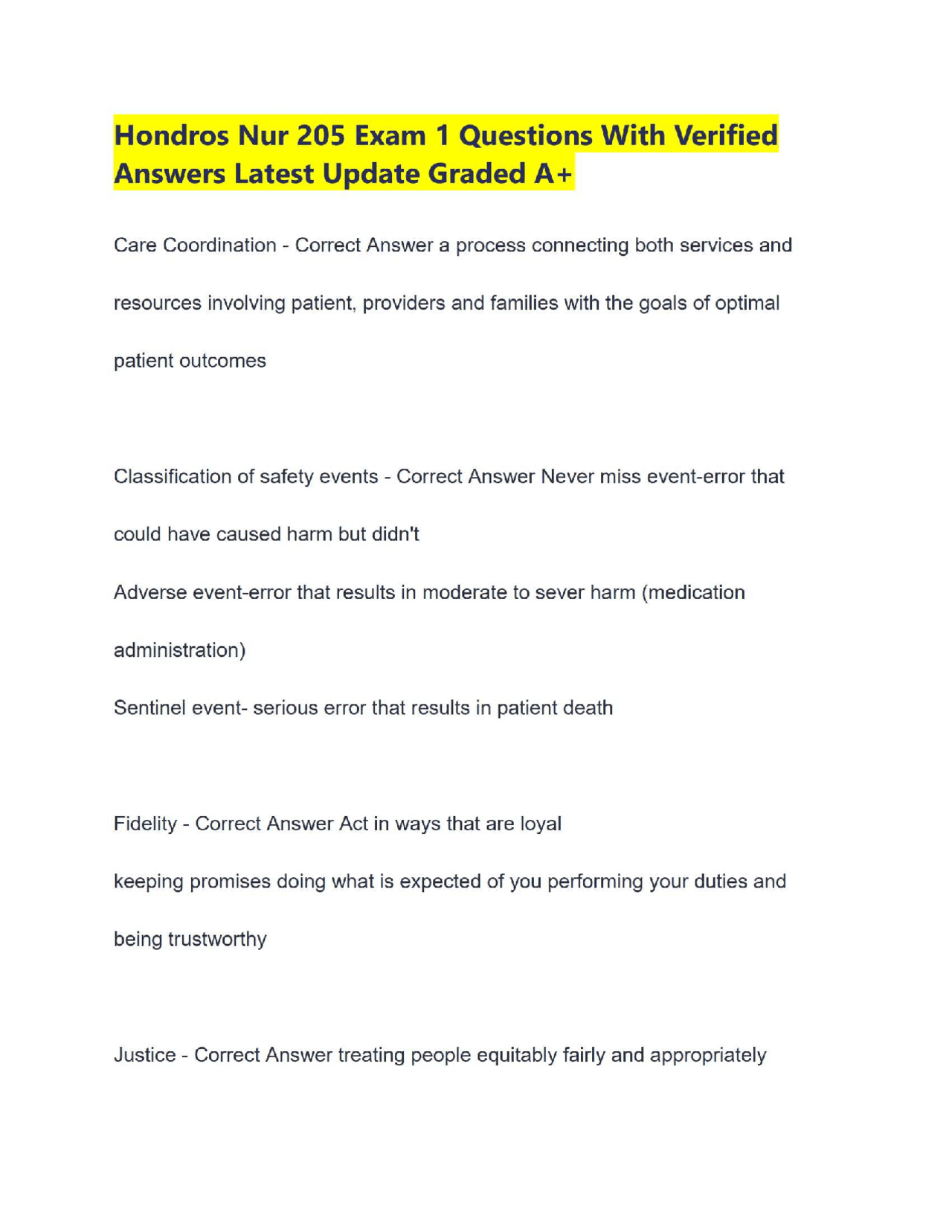 Hondros Nur 205 Exam 1 Questions With Verified Answers Latest Update ...
