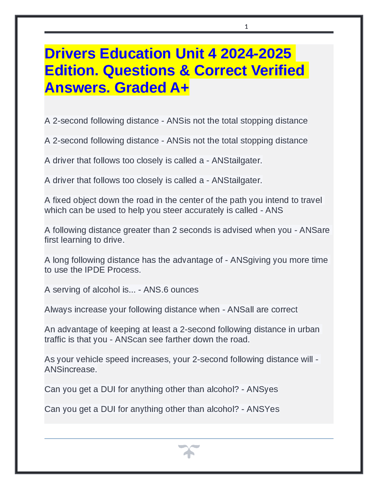 Drivers Education Unit 4 2024-2025 Edition. Questions & Correct ...