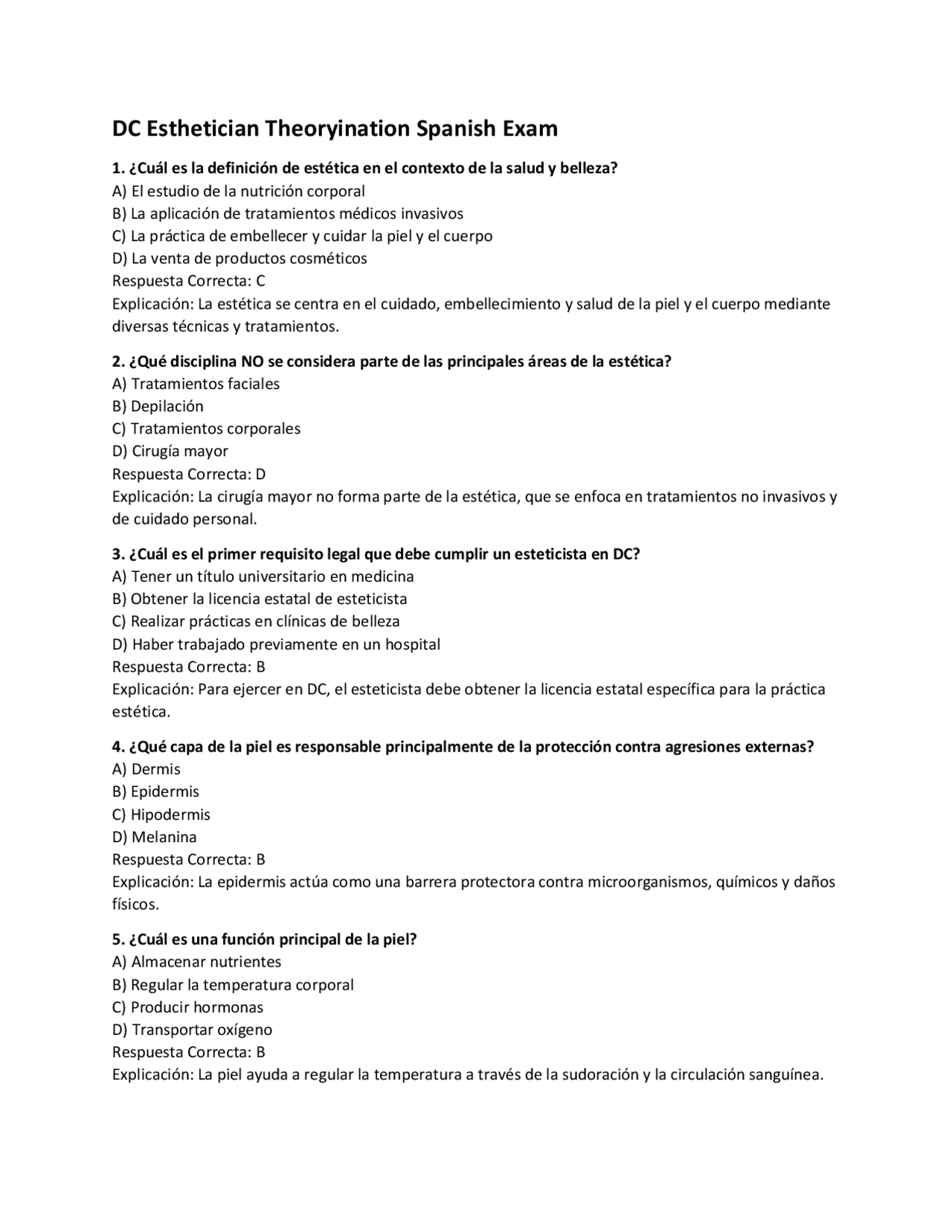 DC Esthetician Theoryination Spanish Exam | Exams Technology | Docsity