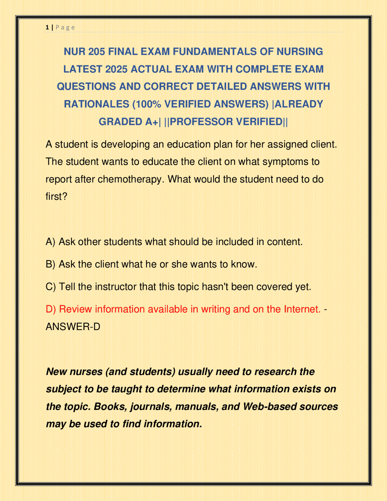 NUR 205 FINAL EXAM FUNDAMENTALS OF NURSING LATEST 2025 ACTUAL EXAM WITH ...