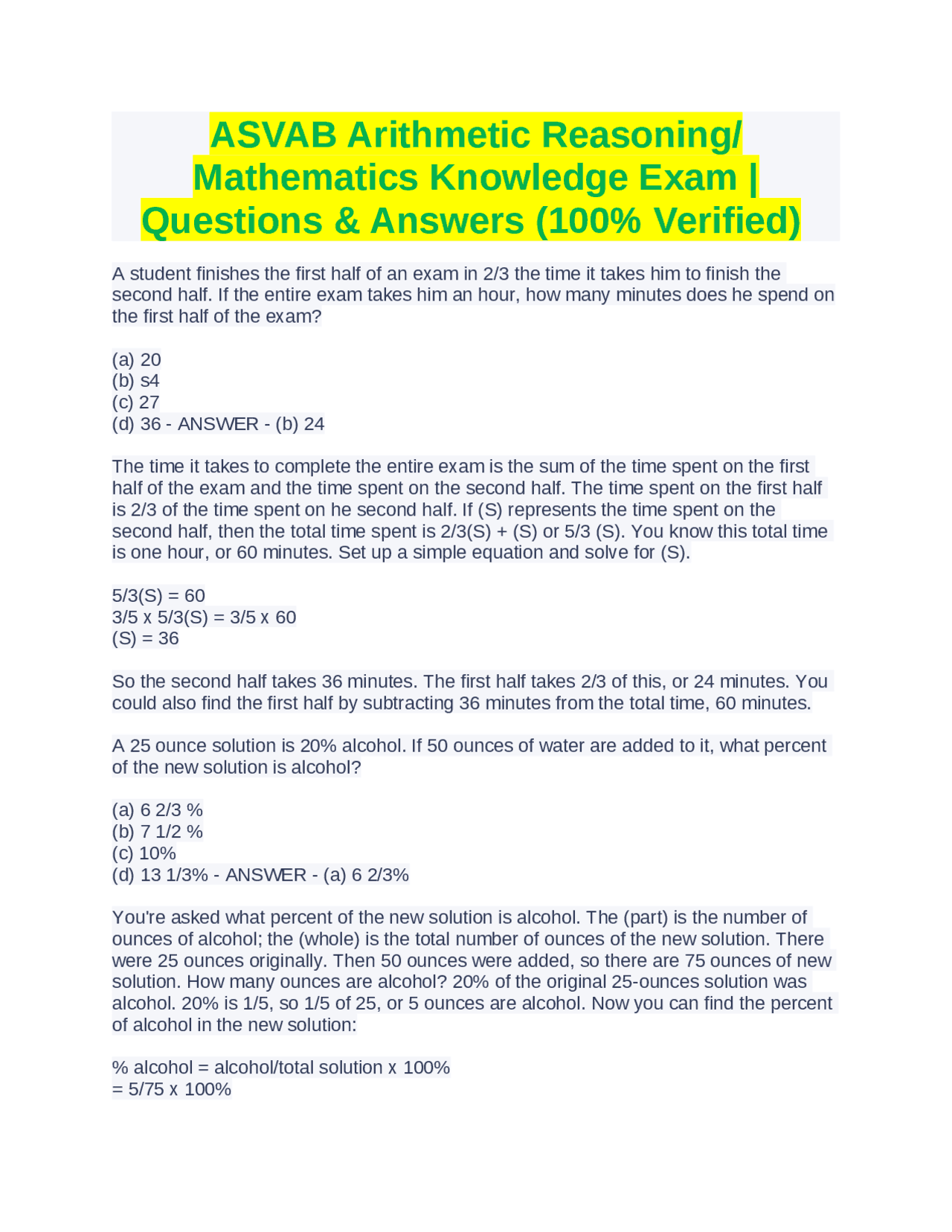 ASVAB Arithmetic Reasoning and Mathematics Knowledge Exam Questions and ...