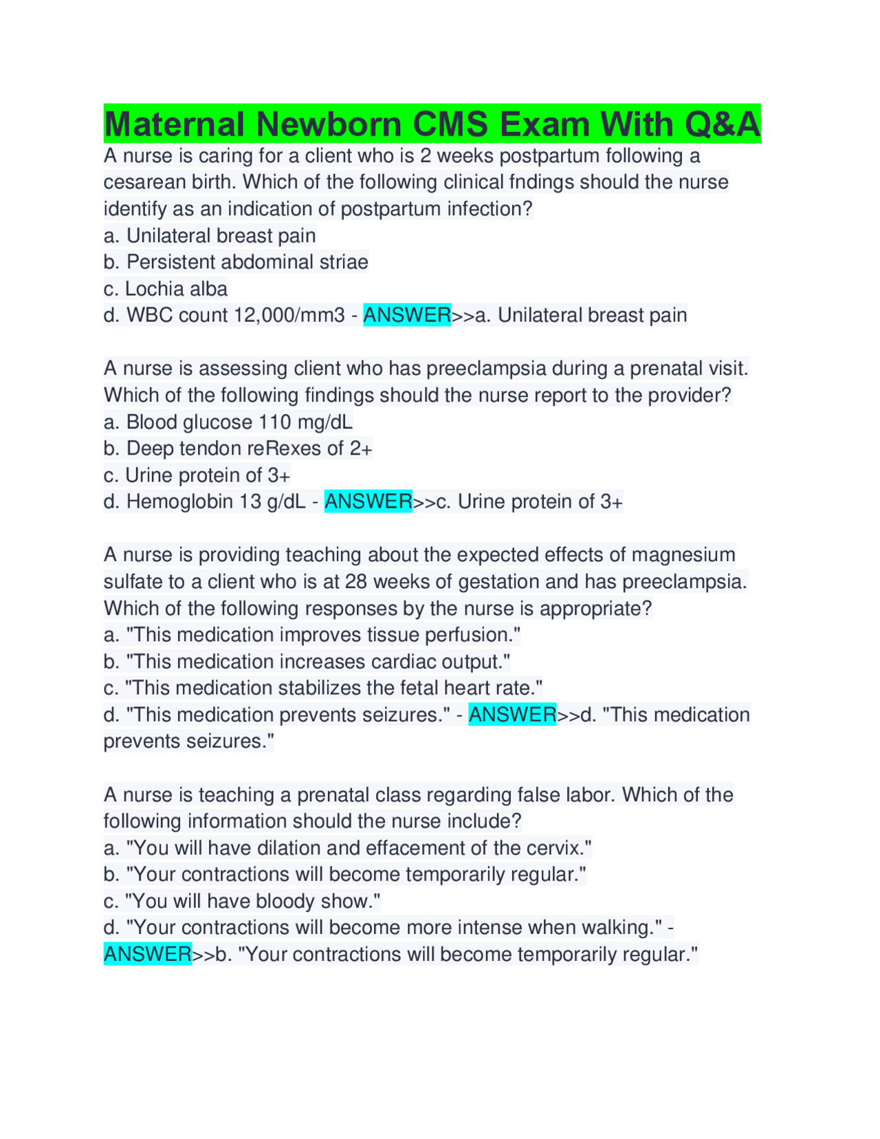 Maternal Newborn CMS Exam With Q&A | Exams Nursing | Docsity