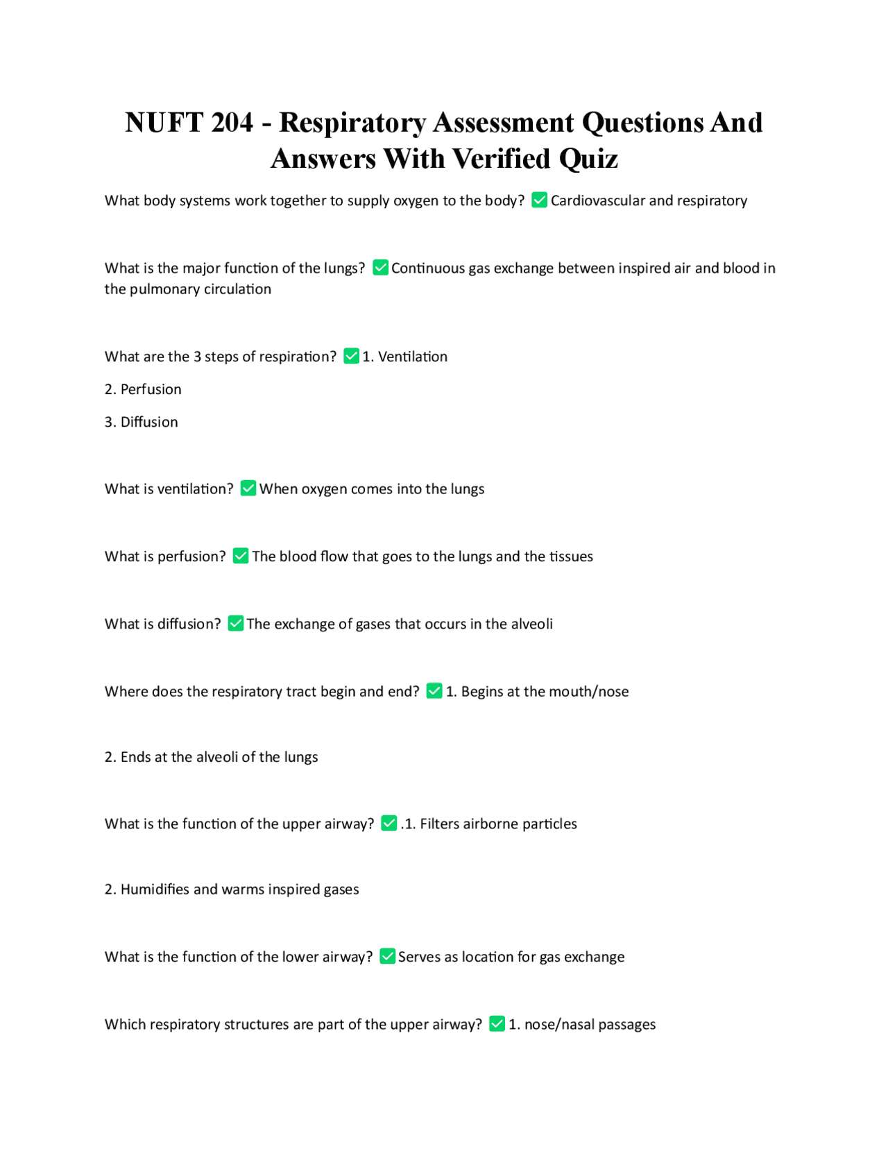 NUFT 204 - Respiratory Assessment Questions And Answers With Verified ...