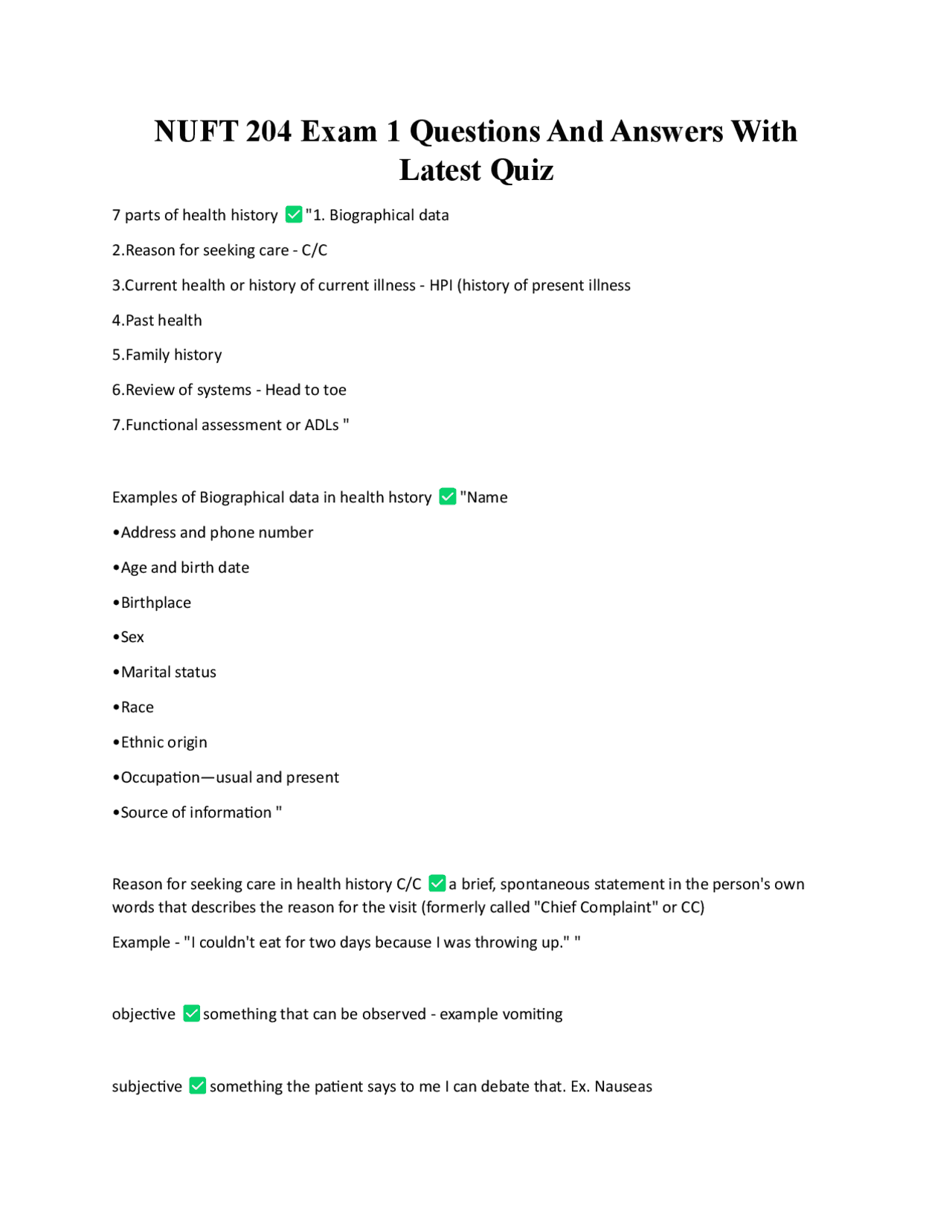 NUFT 204 Exam 1 Questions And Answers With Latest Quiz | Exams Advanced ...