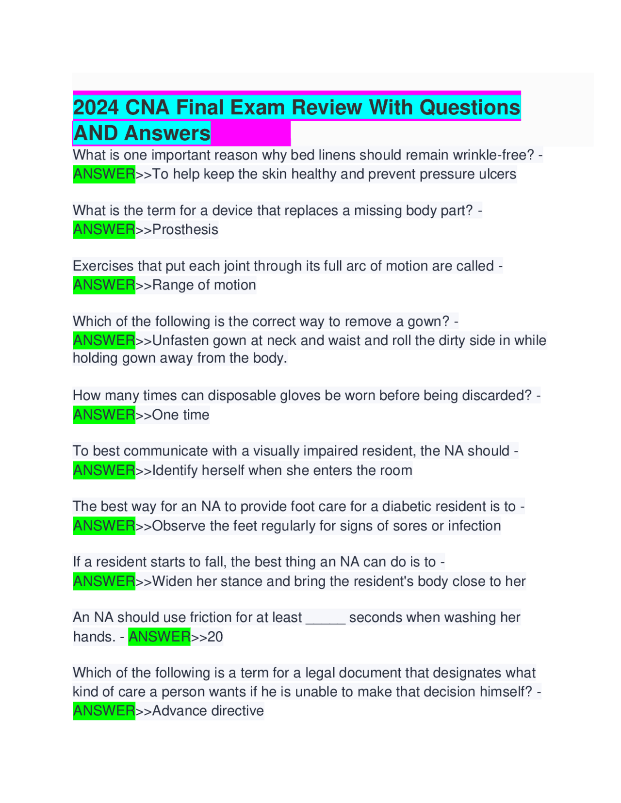 2024-2025 CNA Final Exam Review With Questions AND Answers | Exams ...