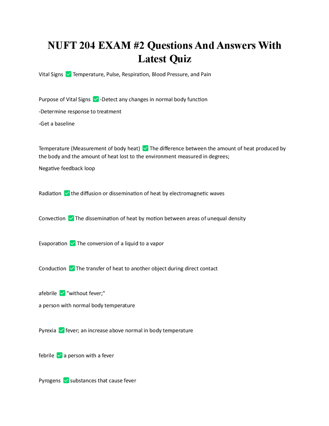 NUFT 204 EXAM #2 Questions And Answers With Latest Quiz | Exams ...