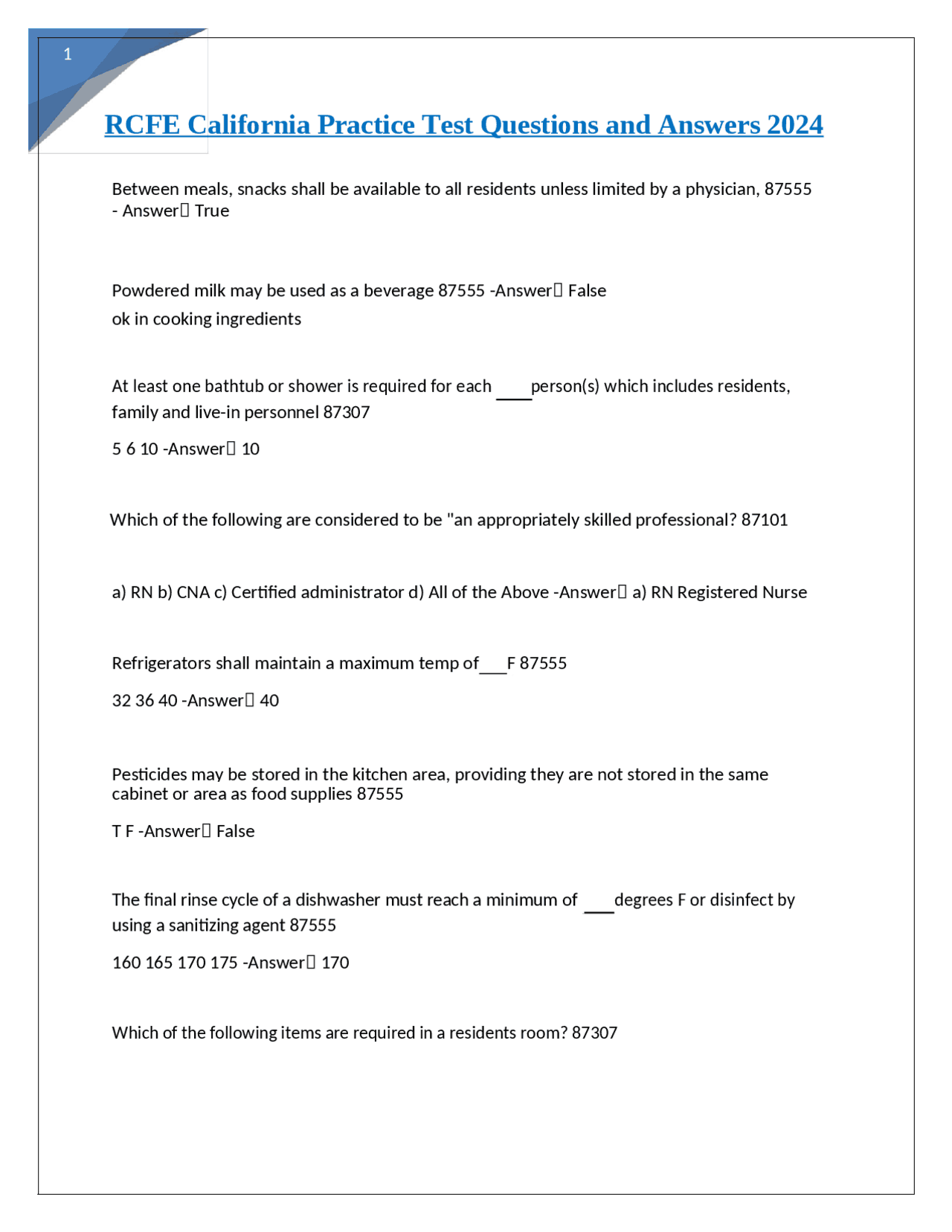 RCFE California Practice Test Questions and Answers 2024 | Exams ...