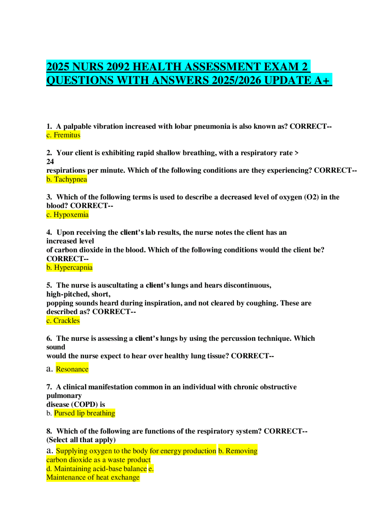 2025 NURS 2092 HEALTH ASSESSMENT EXAM 2 QUESTIONS WITH ANSWERS 2025/ ...