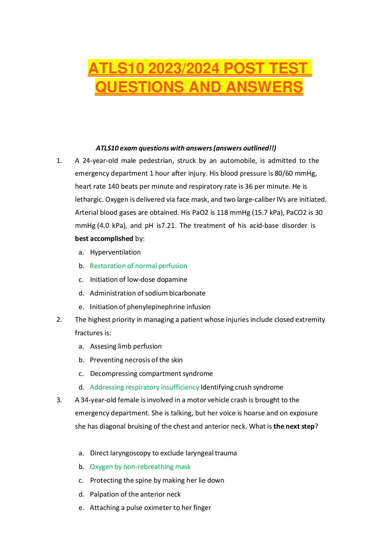 ATLS10 2023 2024 POST TEST QUESTIONS AND ANSWER | Exams Nursing | Docsity