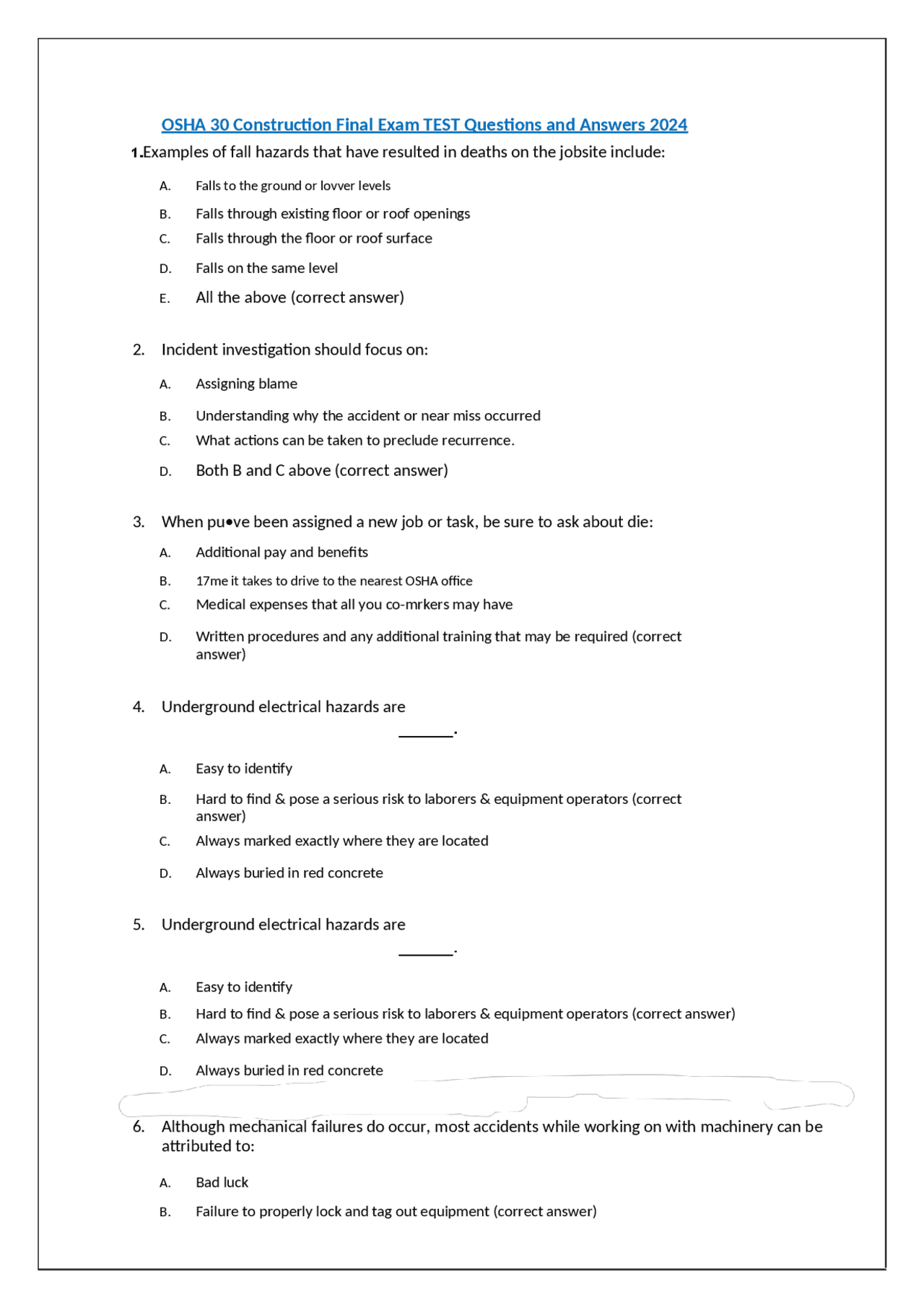 OSHA 30 Construction Final Exam TEST Questions and Answers 2024 | Exams ...