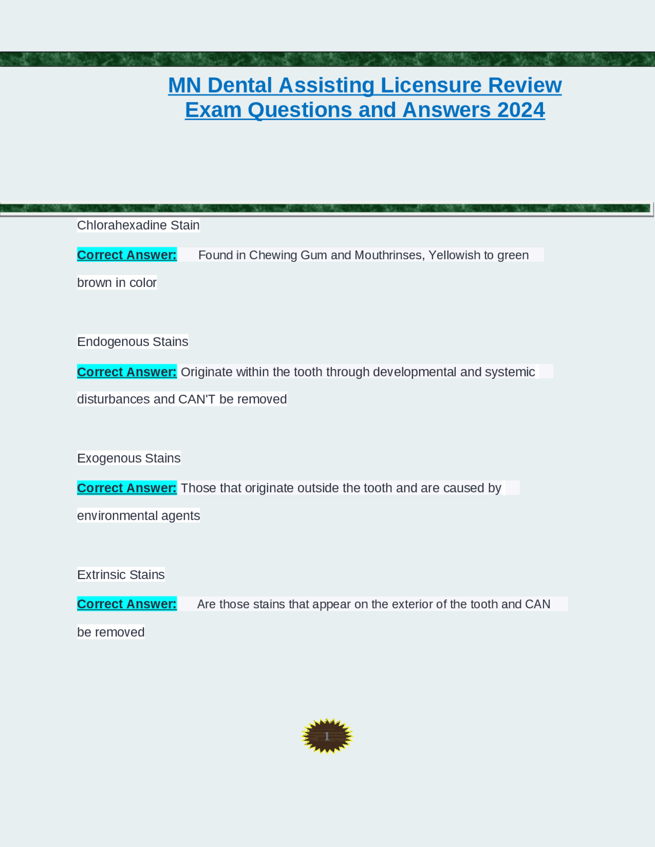 MN Dental Assisting Licensure Review Exam Questions and Answers 2024 ...