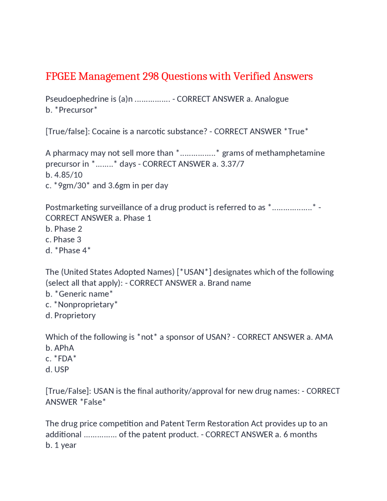 FPGEE Management 298 Questions with Verified Answers,100% CORRECT ...