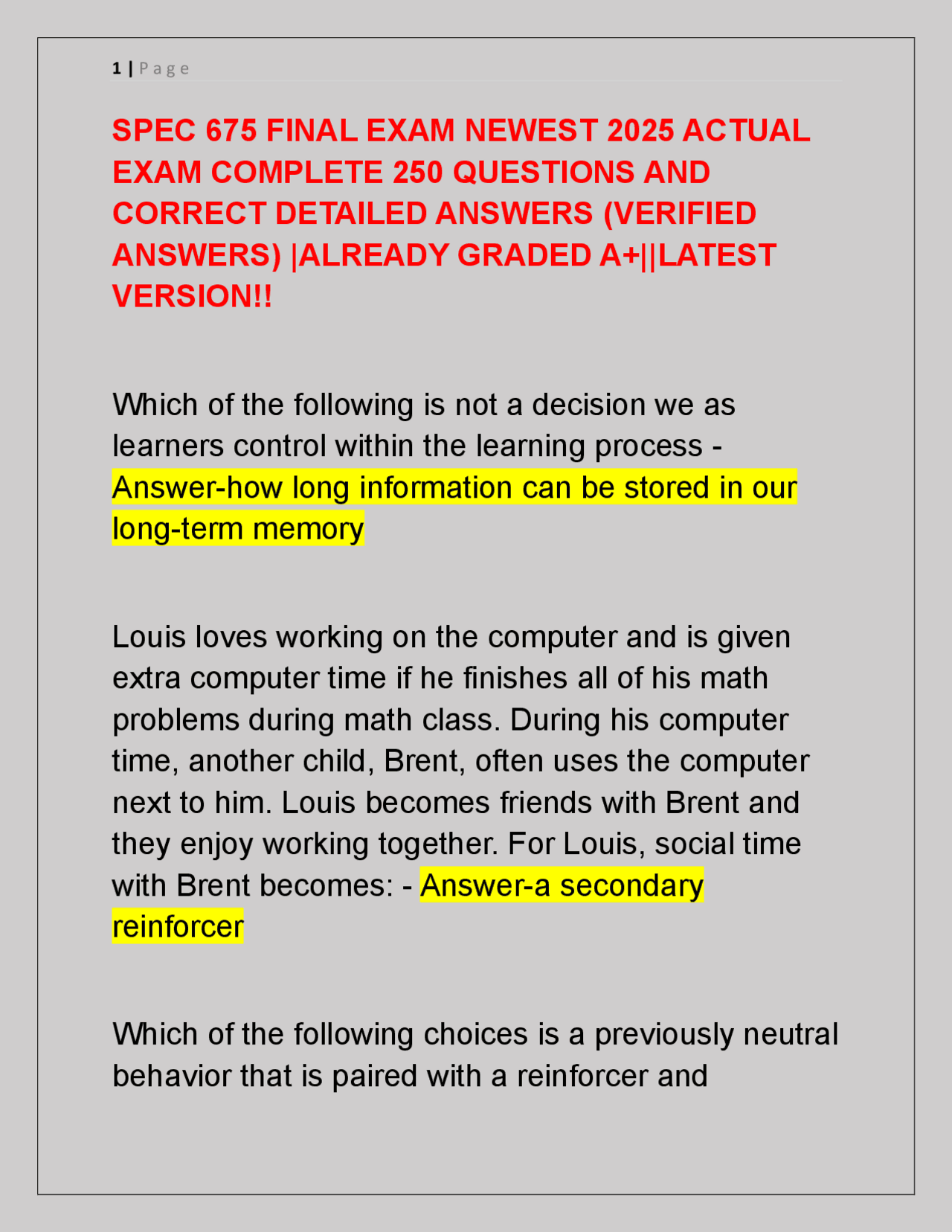 SPEC 675 FINAL EXAM NEWEST 2025 ACTUAL EXAM COMPLETE 250 QUESTIONS AND ...
