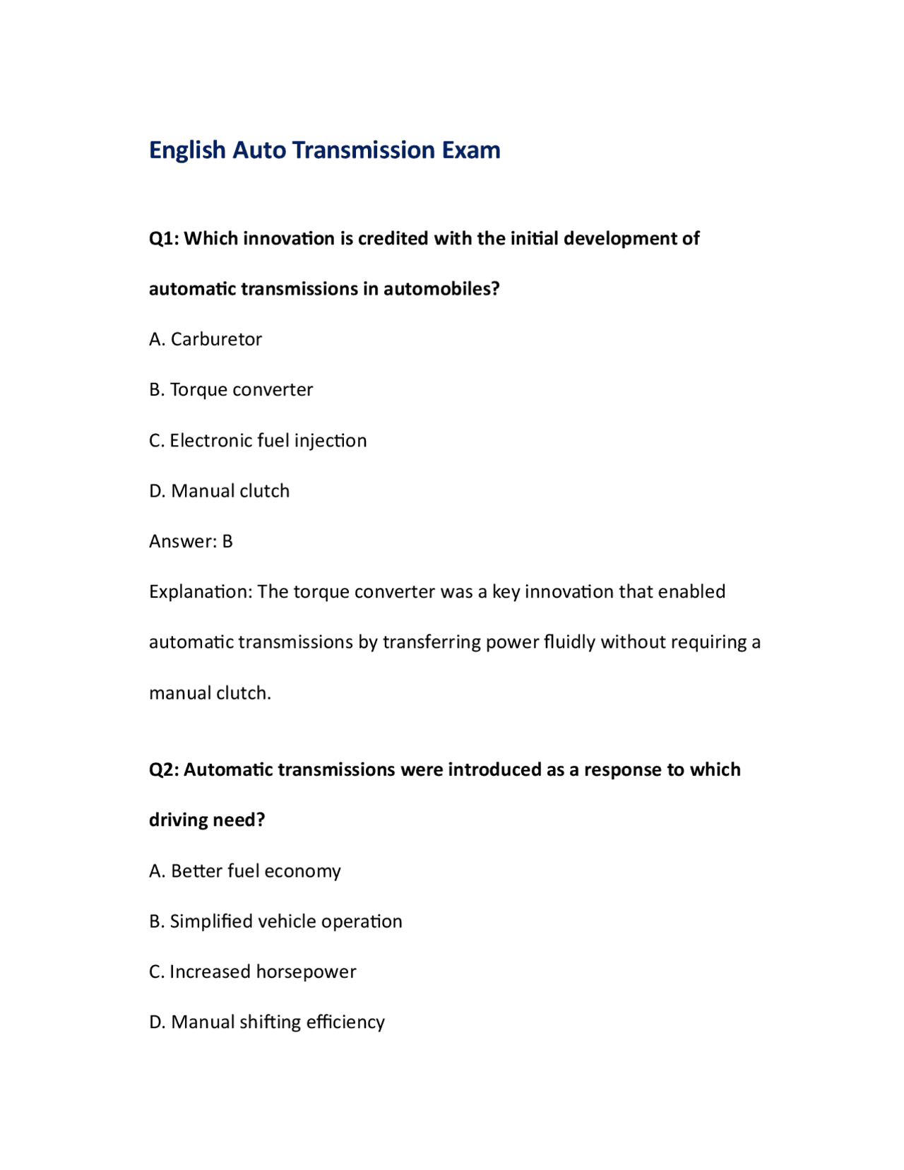 English Auto Transmission Exam: Questions and Answers | Exams ...