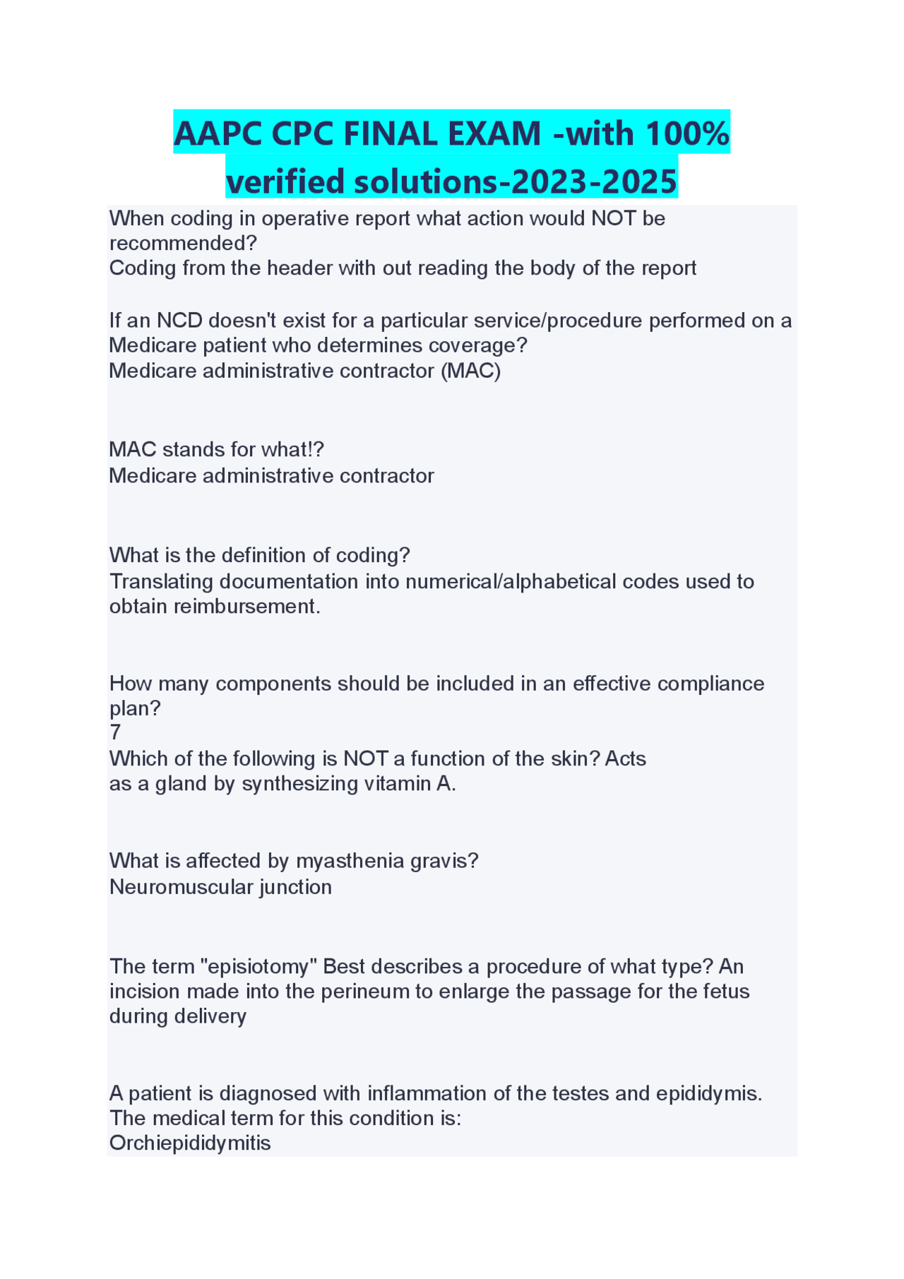 AAPC CPC Final Exam Questions and Answers: A Comprehensive Review of ...