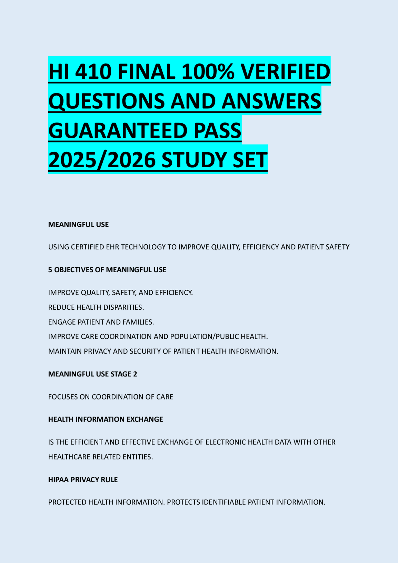 HI 410 FINAL 100% VERIFIED QUESTIONS AND ANSWERS GUARANTEED PASS 2025/ ...