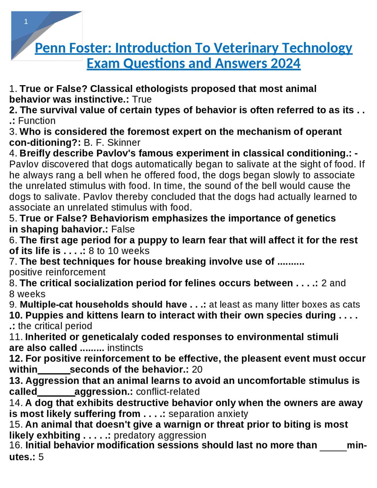 Penn Foster-Introduction To Veterinary Technology Exam Questions and Answers 2024 | Exams ...