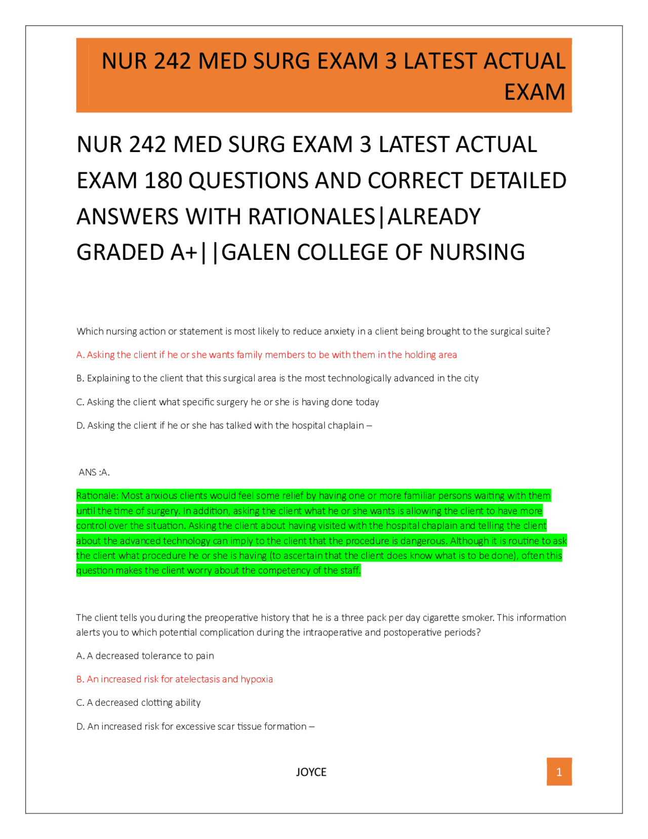 NUR 242 MED SURG EXAM 3 LATEST ACTUAL EXAM 180 QUESTIONS AND CORRECT ...