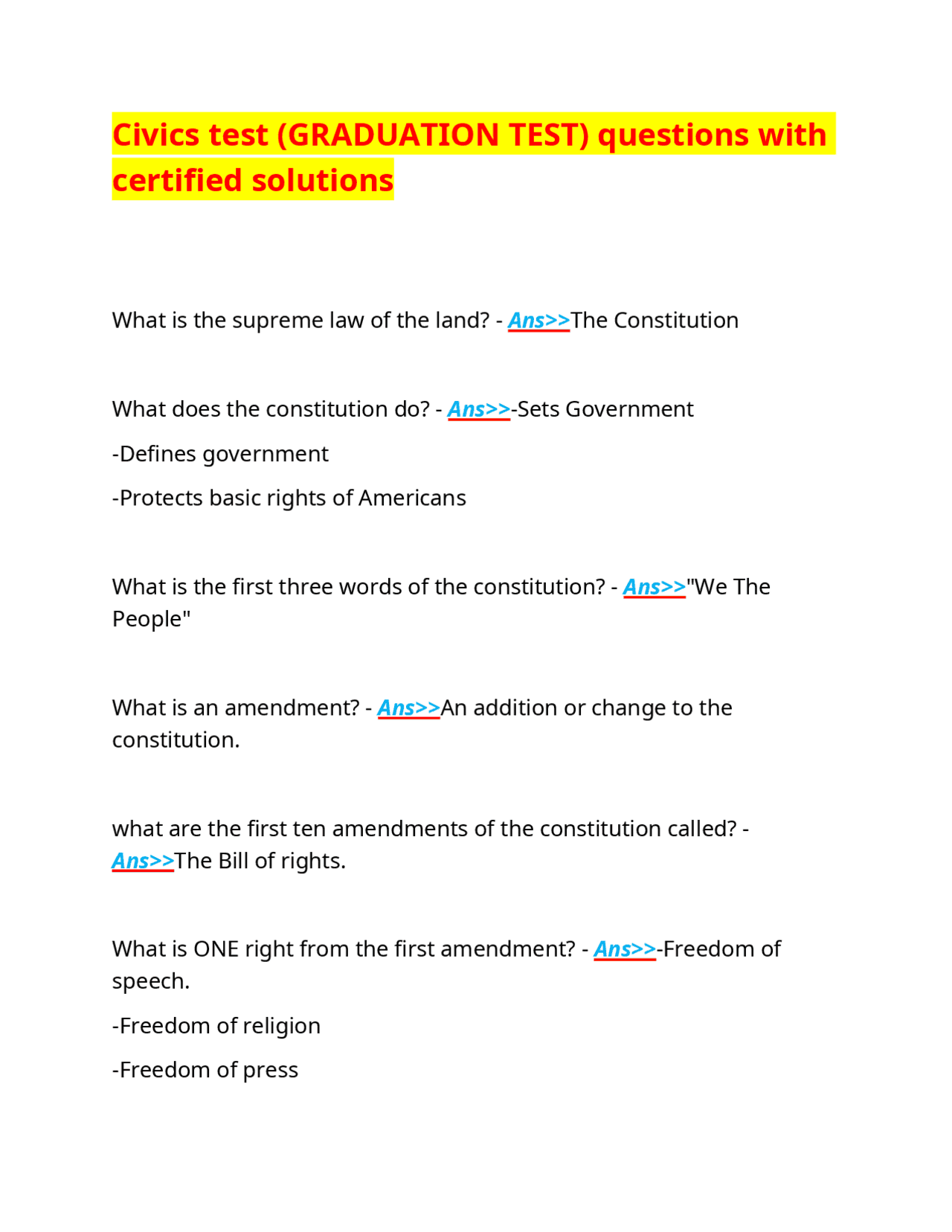 Civics test (GRADUATION TEST) questions with certified solutions ...