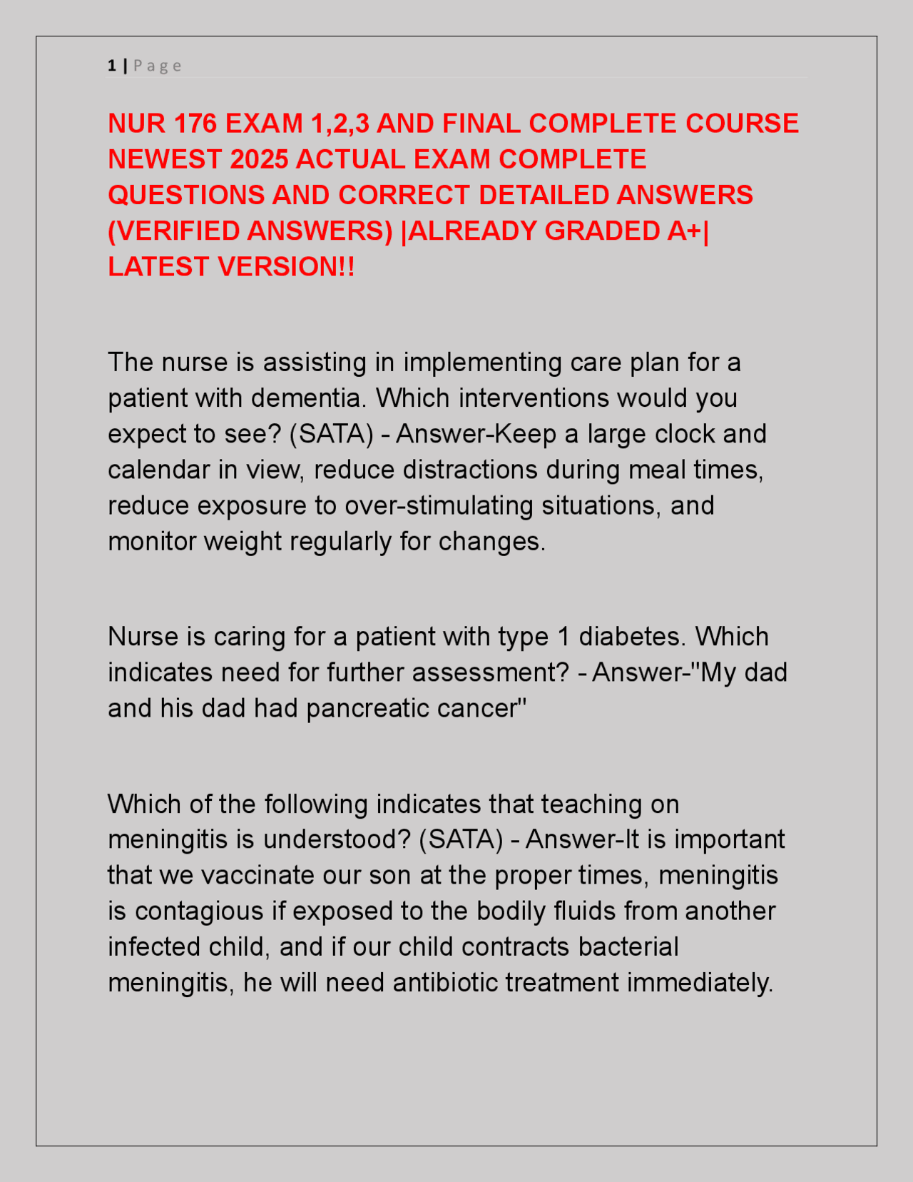 NUR 176 EXAM 1,2,3 AND FINAL COMPLETE COURSE NEWEST 2025 ACTUAL EXAM ...